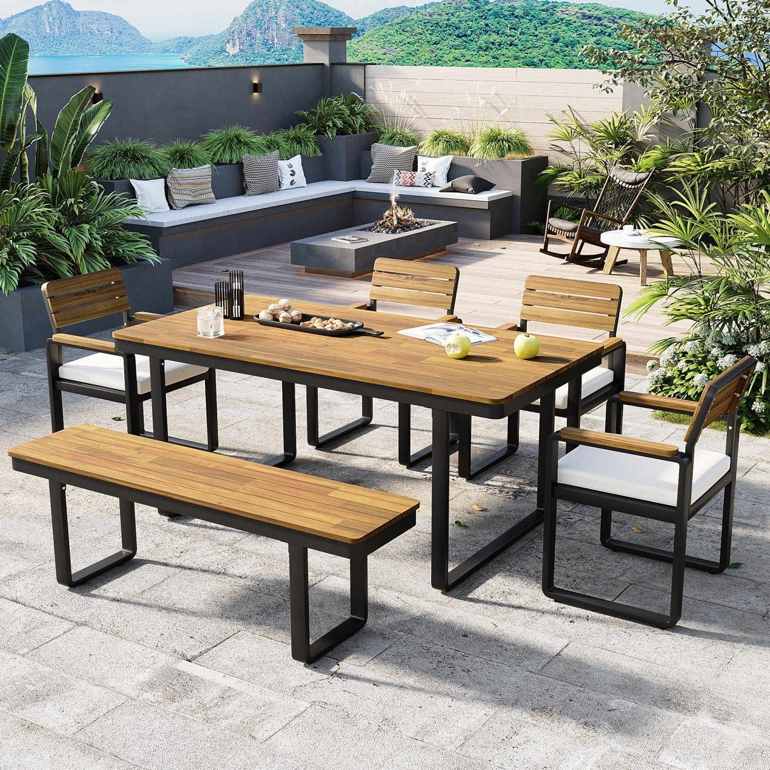 6 Piece Patio Set Acacia Wood Dining Table With 4 Chairs And 1 Bench
