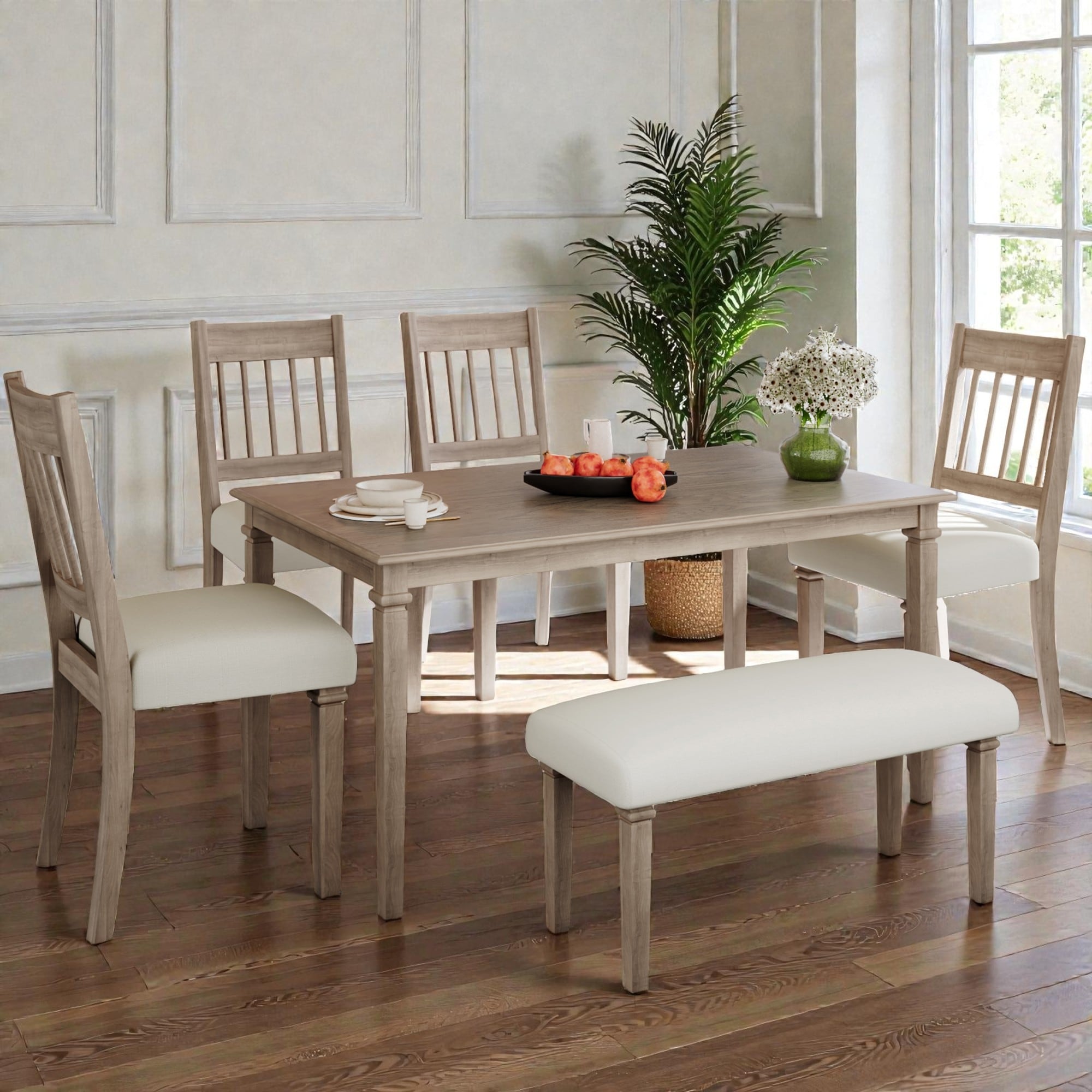 6 Piece Retro Dining Set With Wooden Table 4 Chairs And Bench Space Saving Kitchen Dining Room Furniture