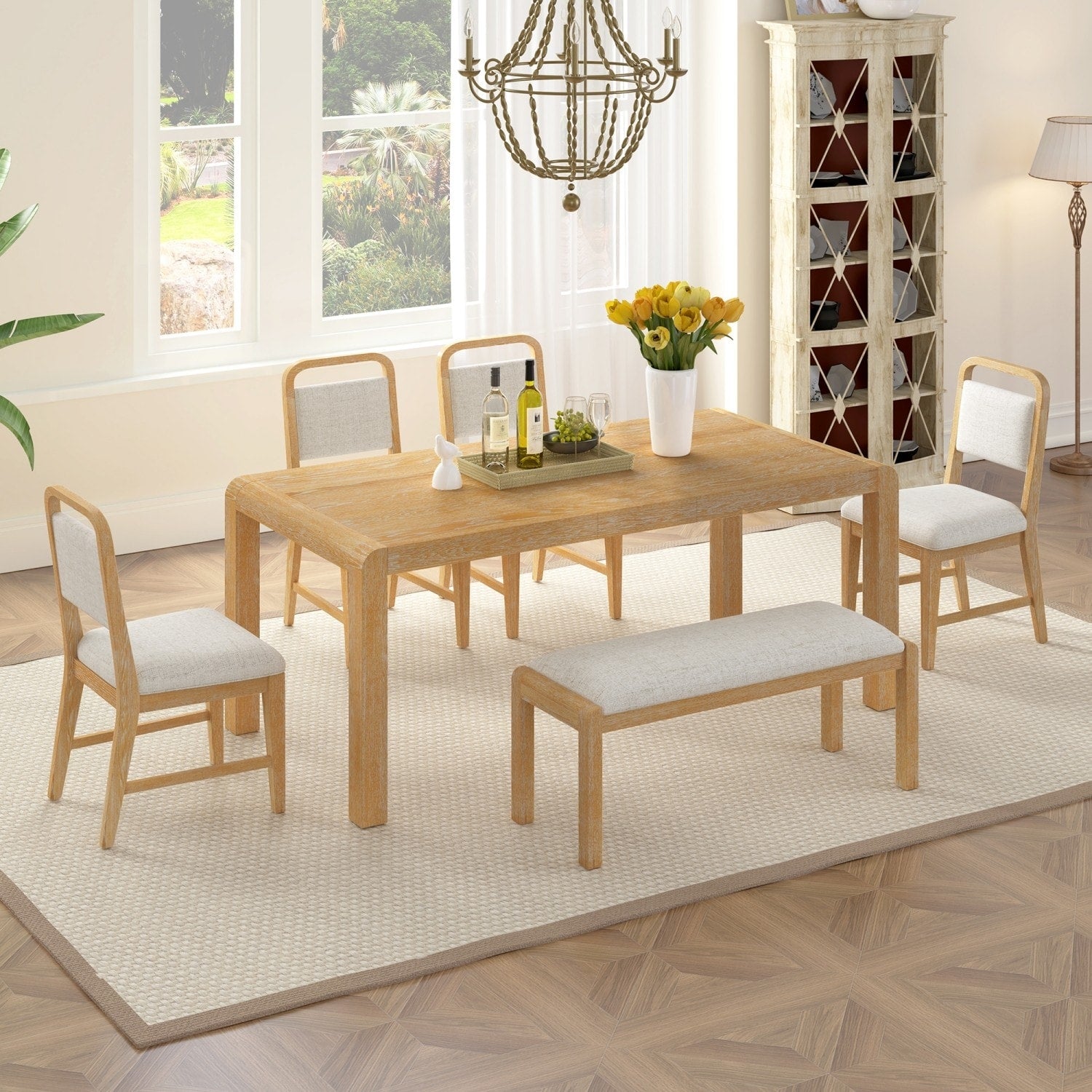6 Piece Set 59.8 Extendable Wooden Dining Table With 4 Chairs And 1 Bench