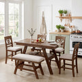 6 Piece Set 60 Rectangular Wood Table With 4 Padded Chairs And 1 Bench