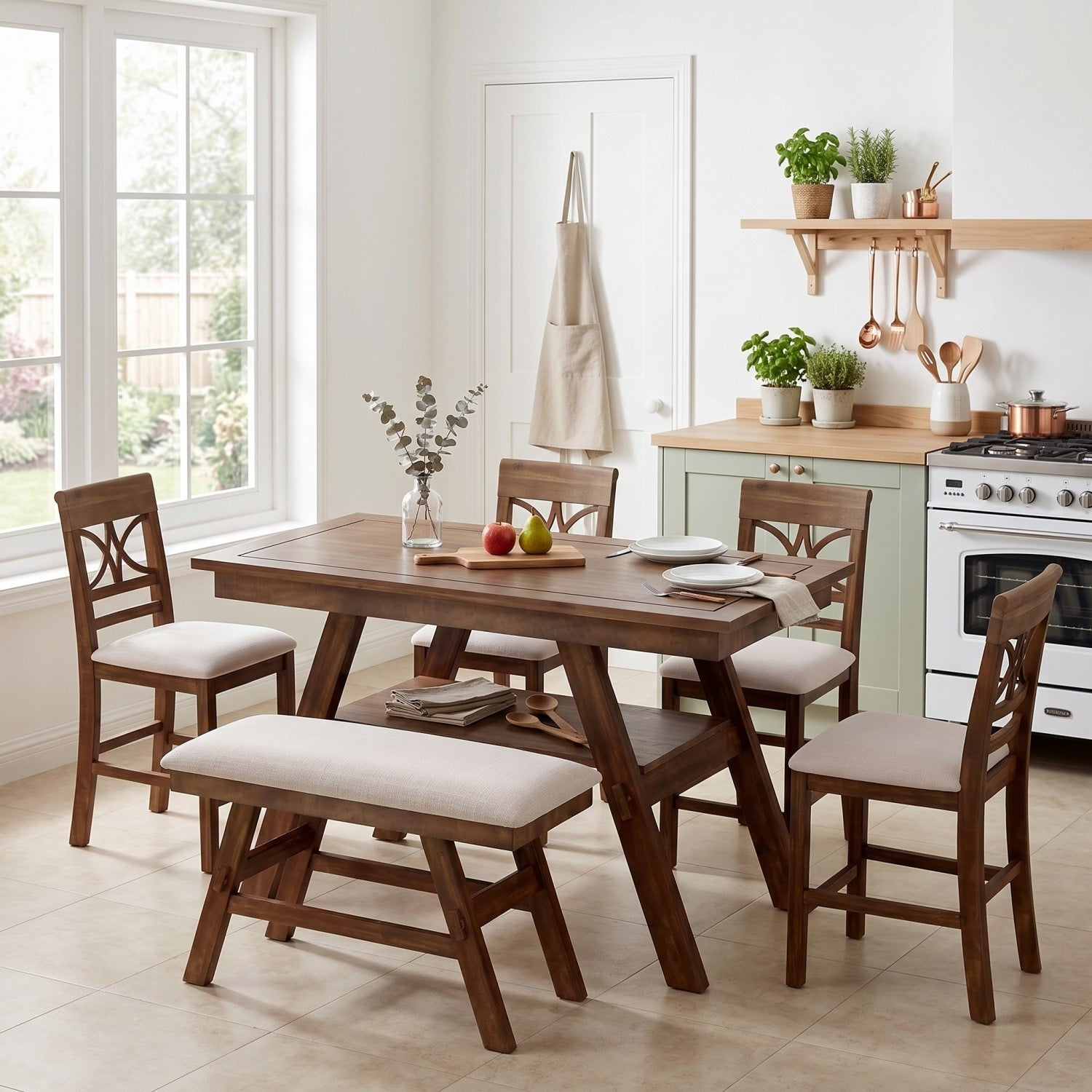 6 Piece Set 60 Rectangular Wood Table With 4 Padded Chairs And 1 Bench