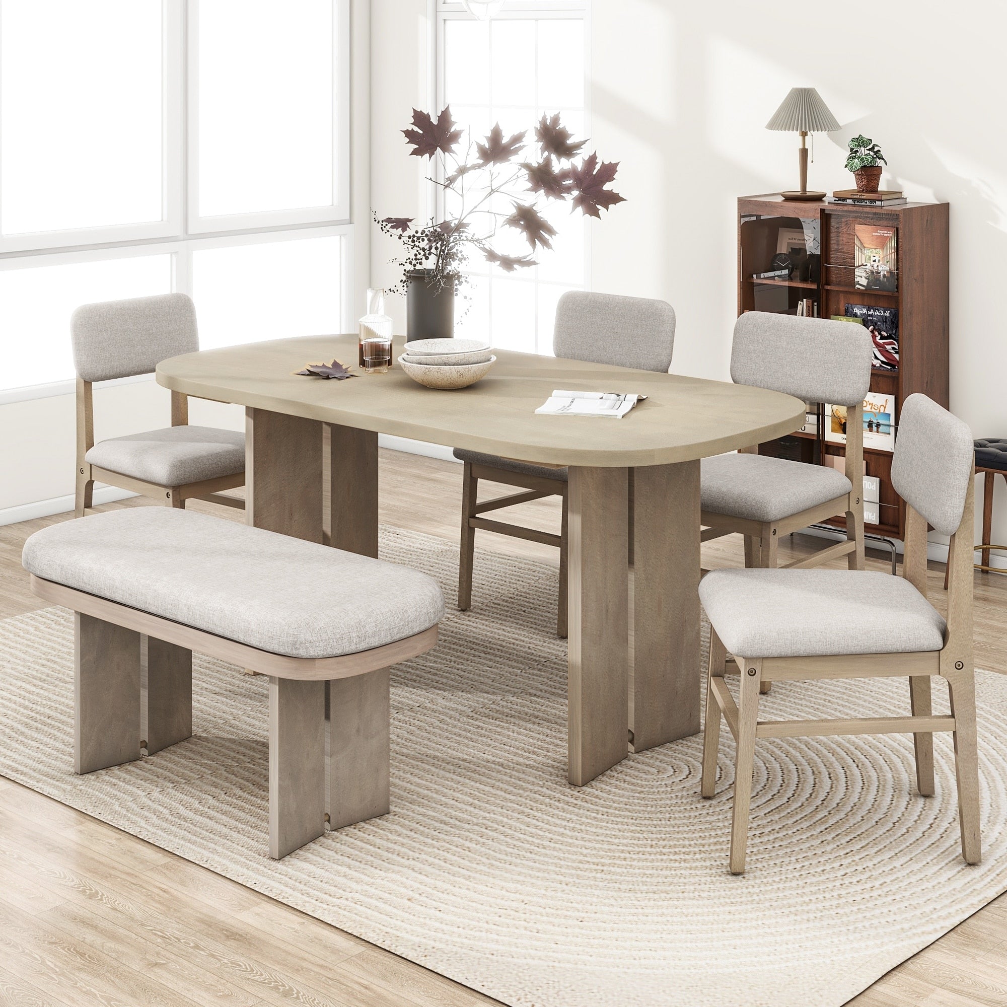 6 Piece Upholstered Rectangular Dining Room Table Set With Bench 2 Color Modern Farmhouse Kitchen Furniture For Family