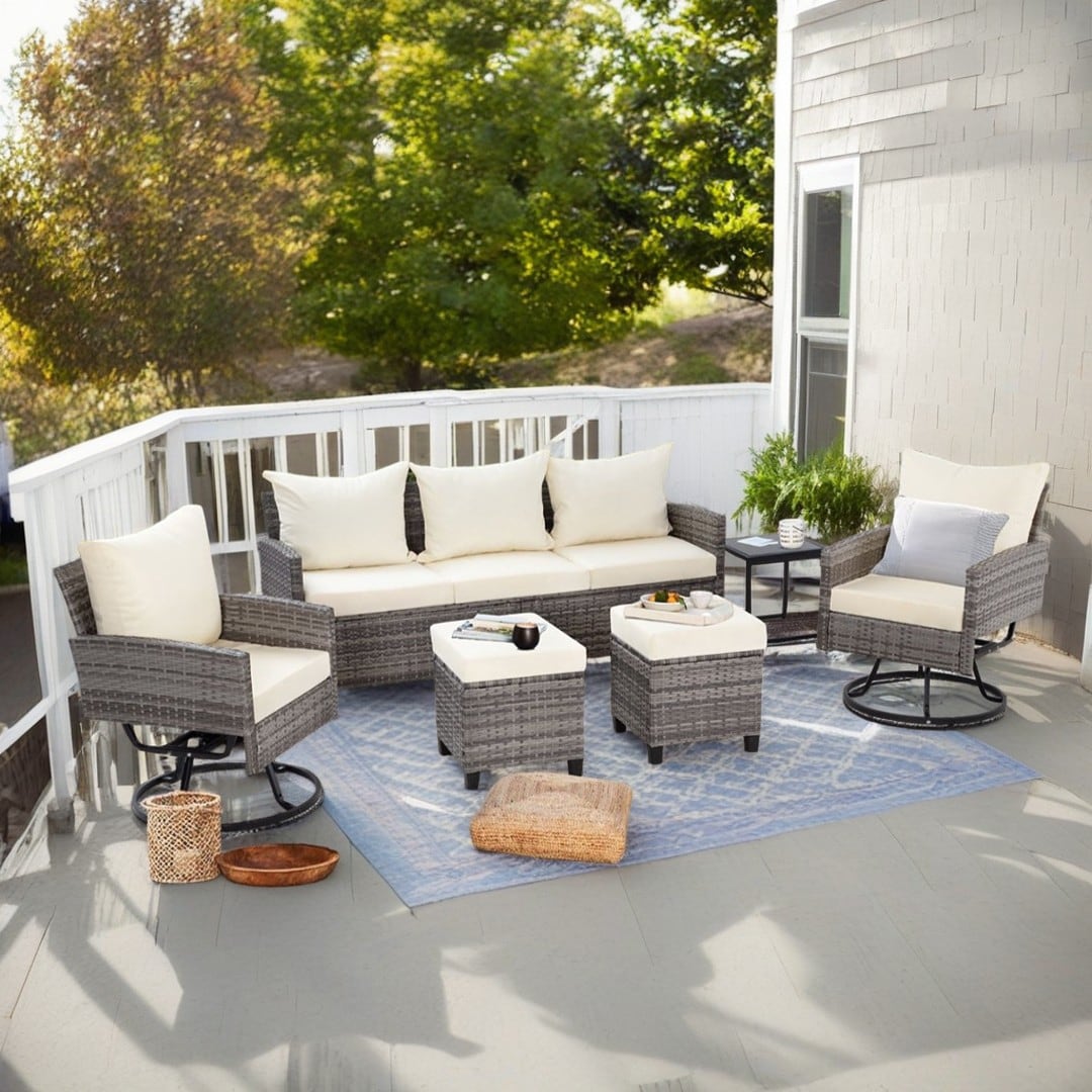 6 Piece Wicker Patio Conversation Set With Swivel Chairs