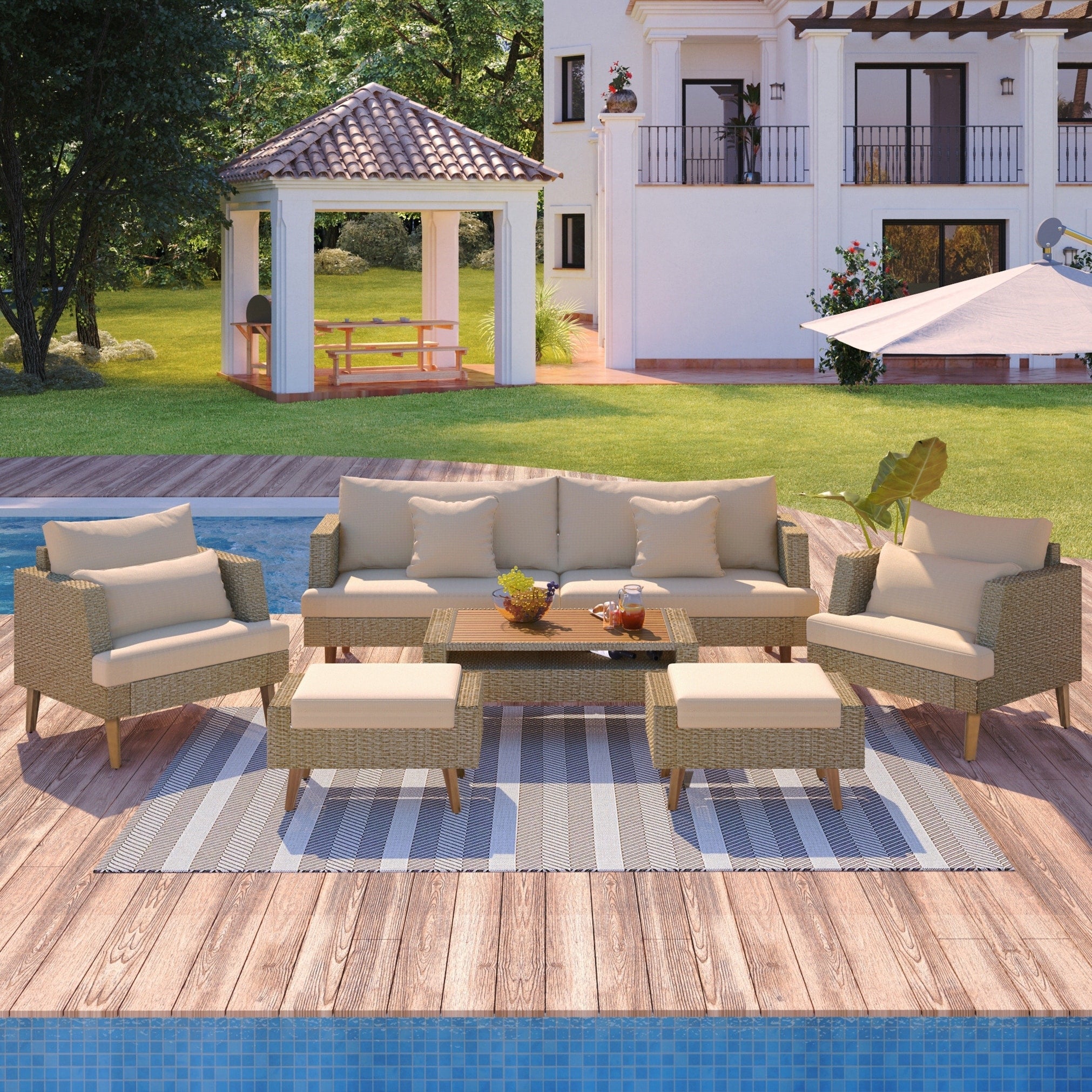 6 Pieces All Weather Pe Wicker Sofa Set Outdoor Rattan Sofa With Double Cushions