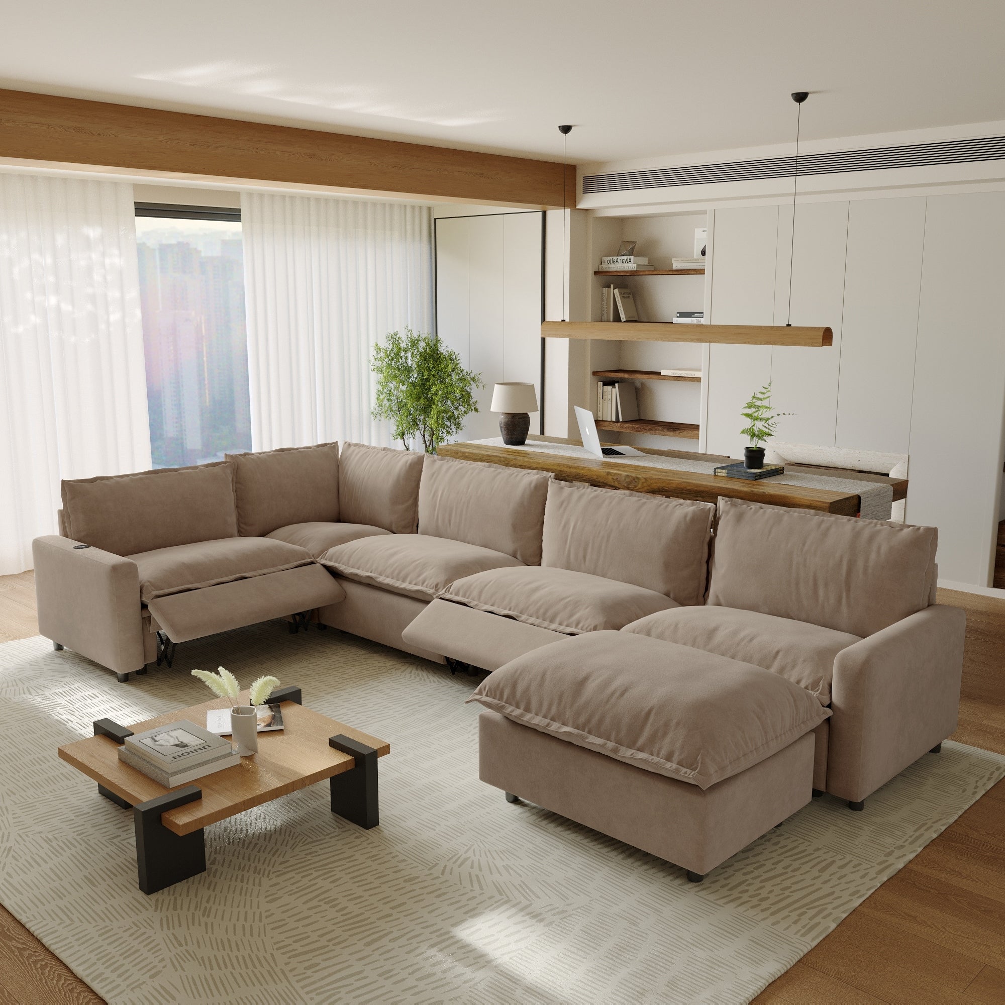 6 Seater Modern Power Recliner Sofa Sectional Couch Oversized Linen Modular Power Recliner Sofa Deep L Shaped With Corner