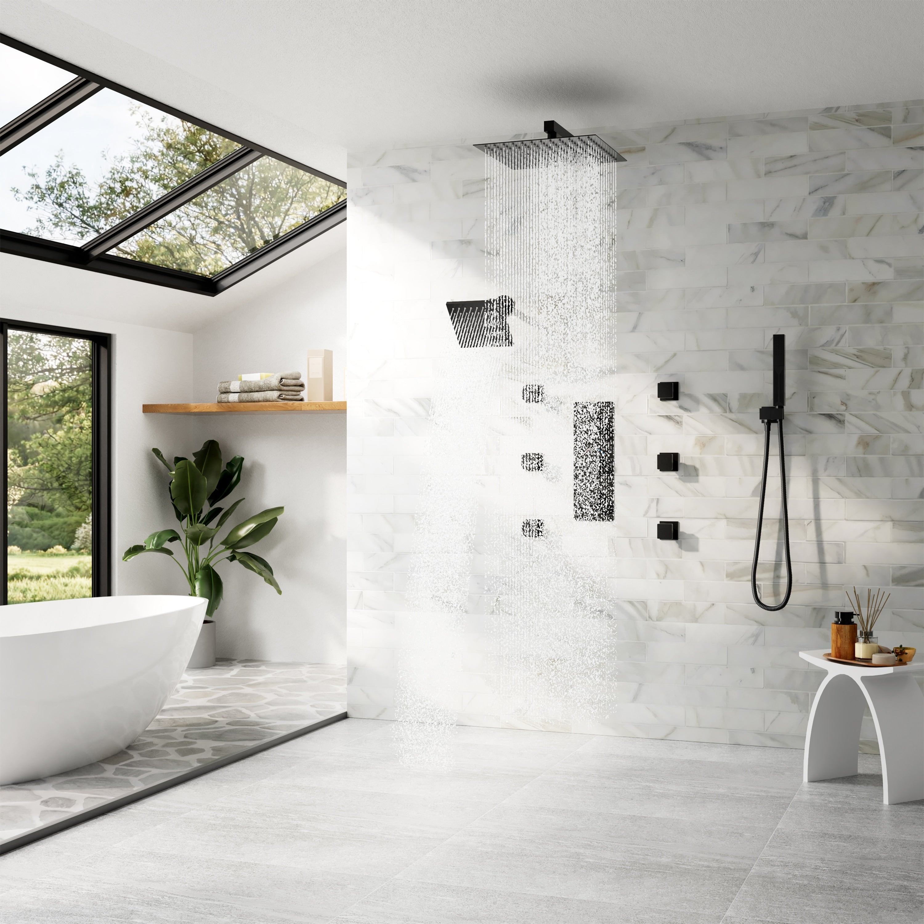 Luxury Thermostatic Shower System With Dual Rain Shower Heads 12 In. And 6 In. Shower Heads 6 Body Jets And Handheld Shower