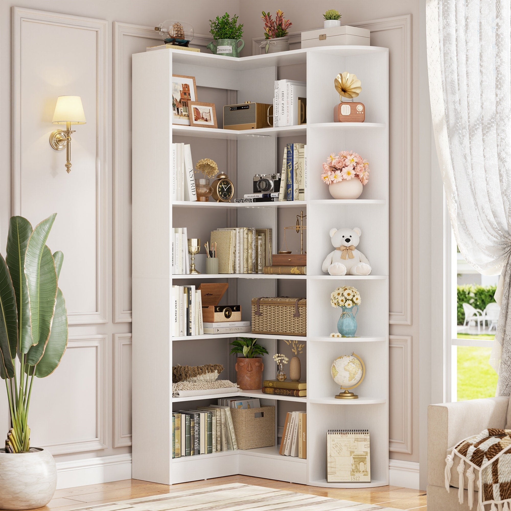 6 Tier Corner Bookshelf 71 H Freestanding L Shaped Book Shelf With Baffle Corner Open Display Shelf Bookcase