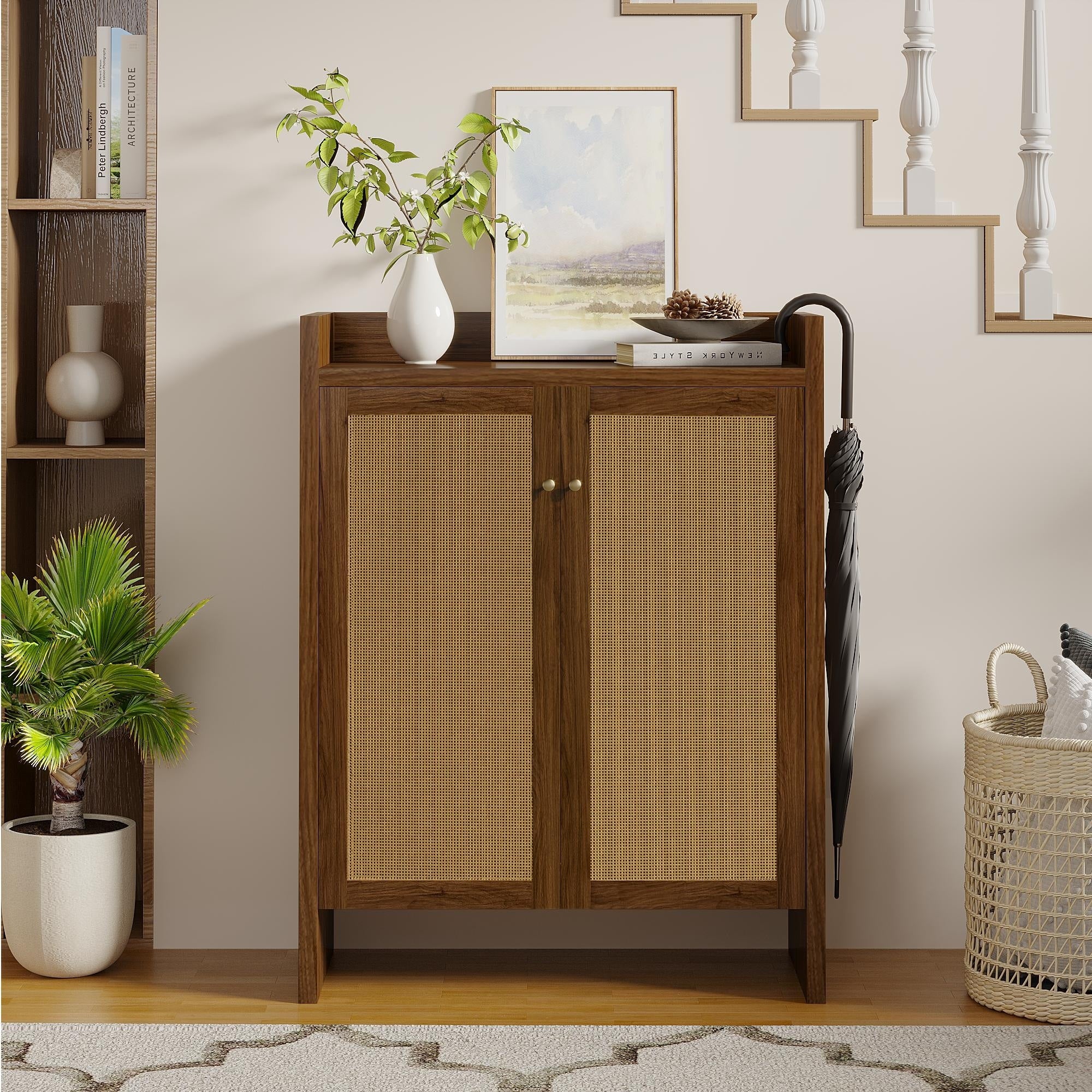 6 Tier Shoe Cabinet Storage Cabinet With Adjustable Shelves Walnut Freestanding Shoe Organizer Entryway Cabinet