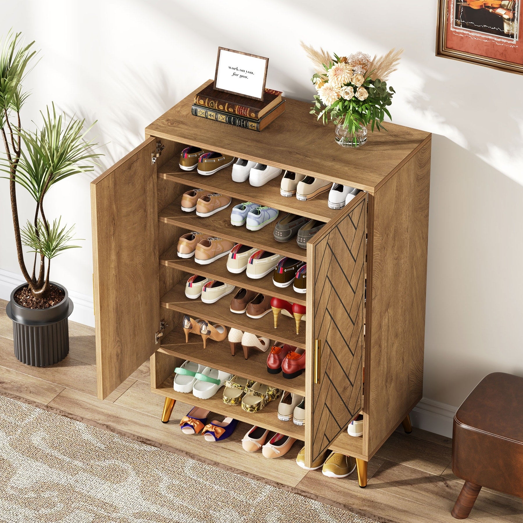 6 Tier Shoe Cabinet With Doors Wooden Shoe Storage Cabinet With Adjustable Shelves For Entryway Hallway Bedroom
