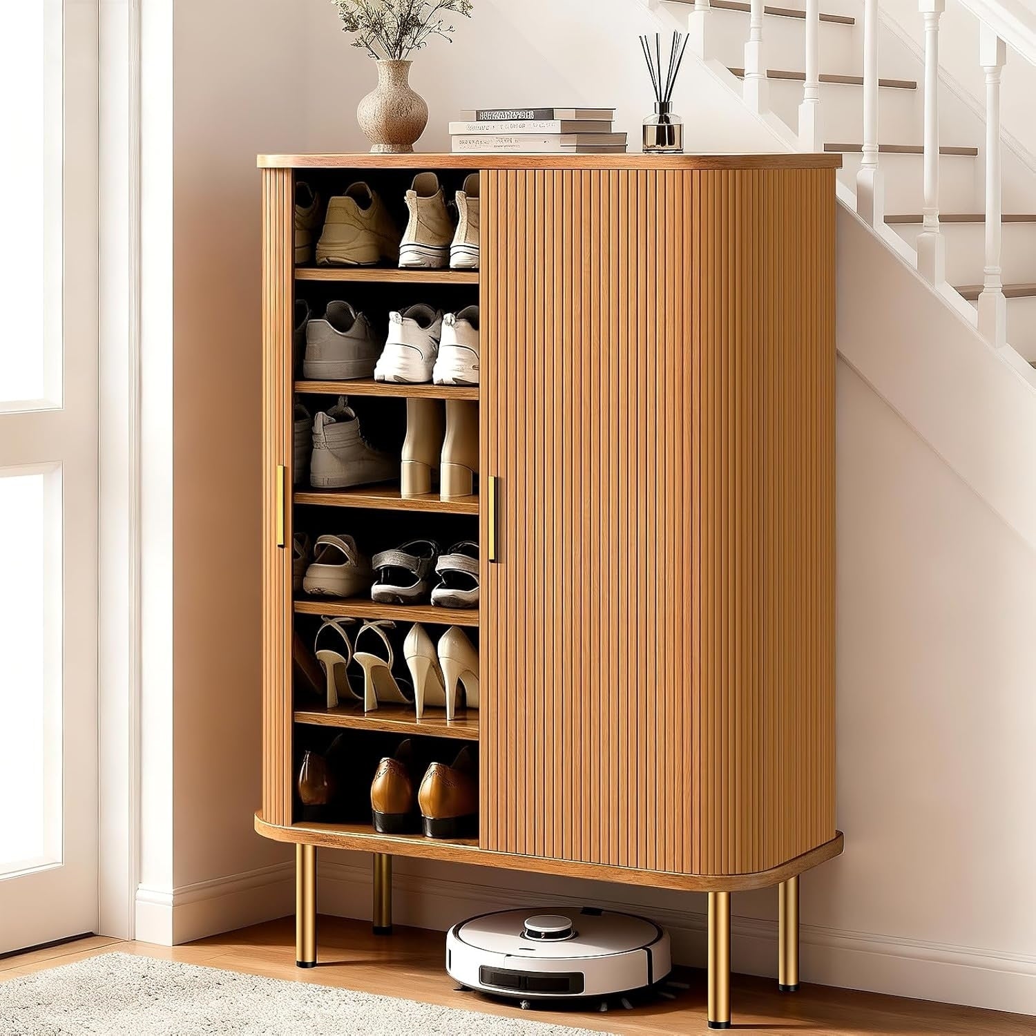6 Tier Shoe Storage Cabinet With Sliding Door And Adjustable Shelves Mid Century Freestanding Shoe Storage Organizer