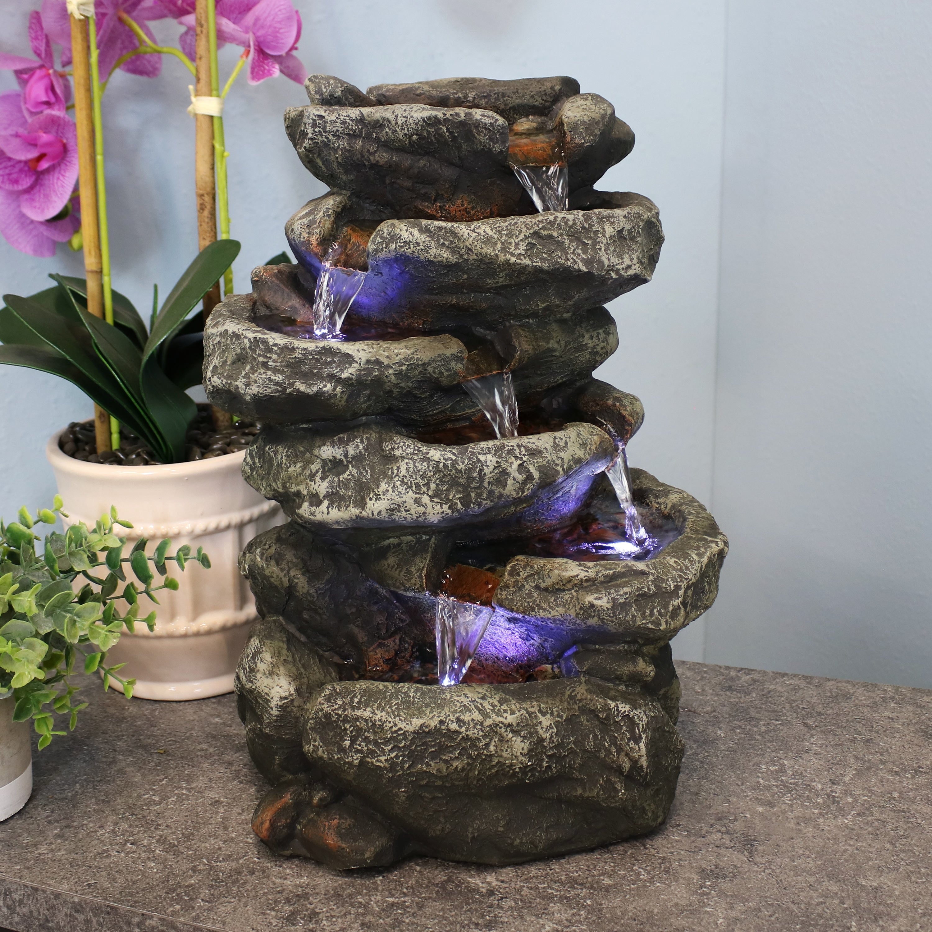 Sunnydaze 6 Tier Stone Falls Tabletop Indoor Water Fountain With Led 15 Inch