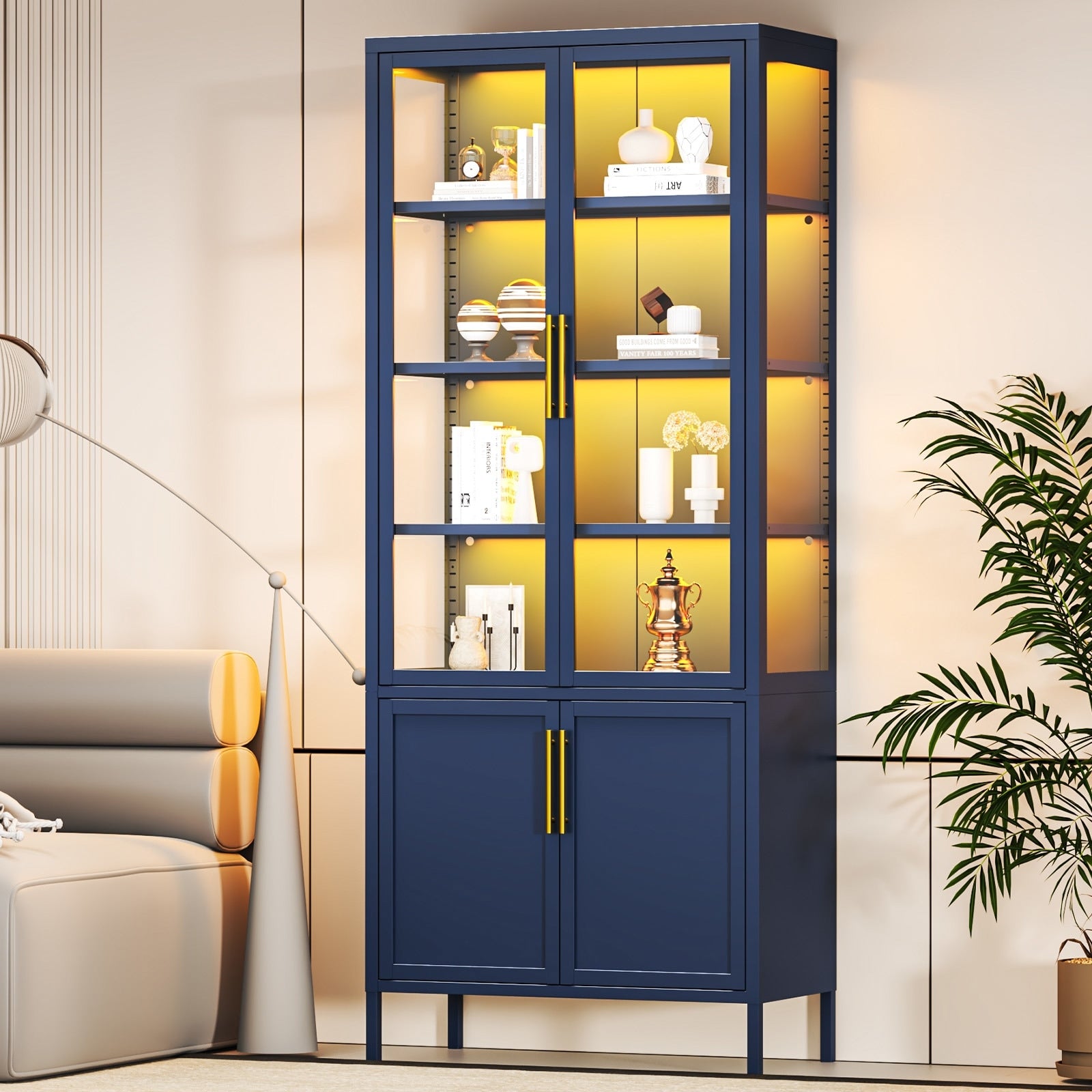 6 Tier Tempered Glass Curio Display Cabinet With 4 Doors Adjustable Shelves 13 Color Lights