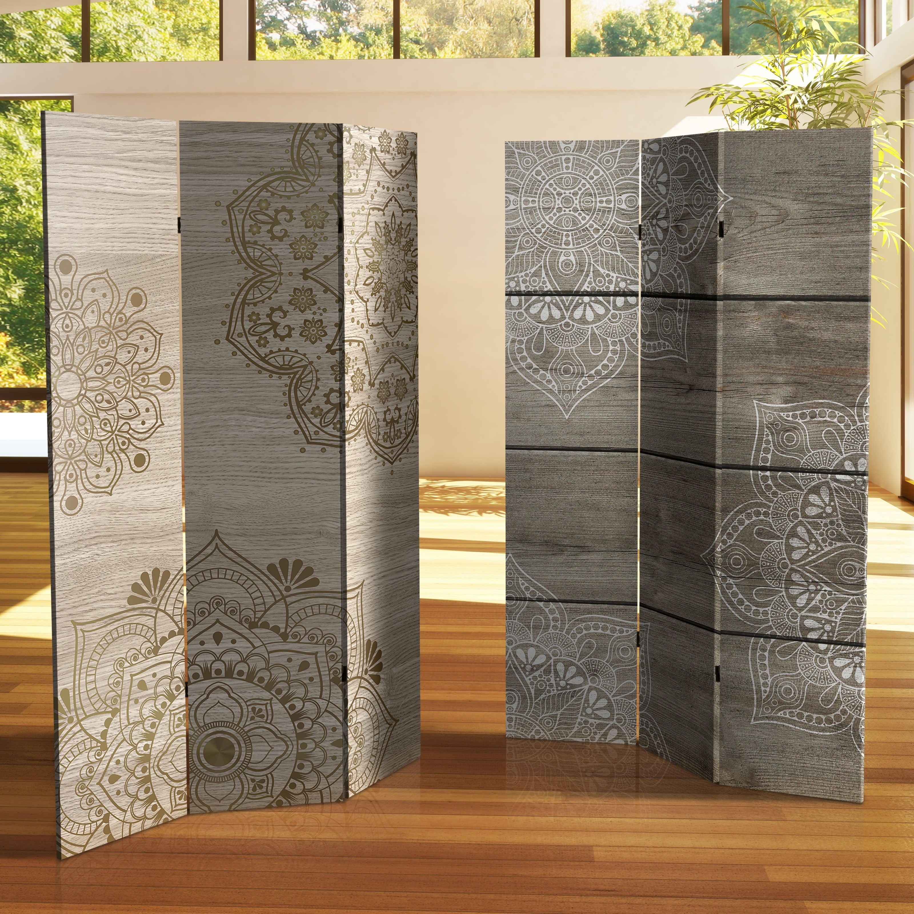 6 Ft. Tall Double Sided Mandala On Oak Canvas Room Divider