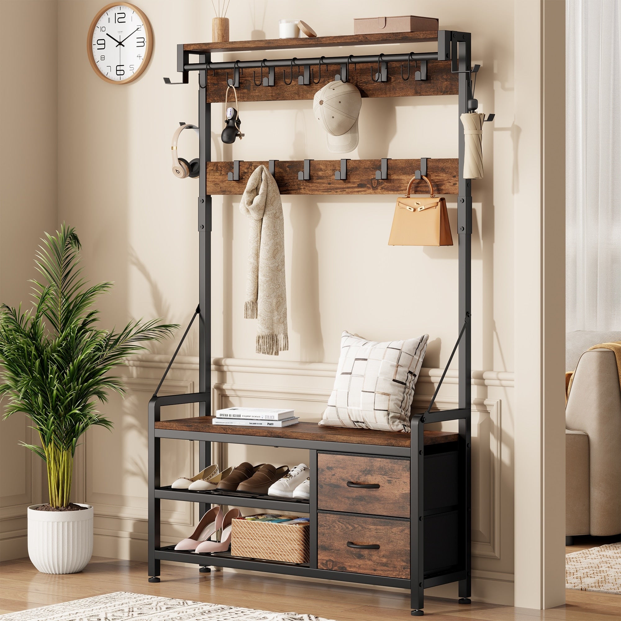 6 In 1 39.4 Hall Tree With Bench Entryway Shoe Rack W 24 Hooks 2 Drawers