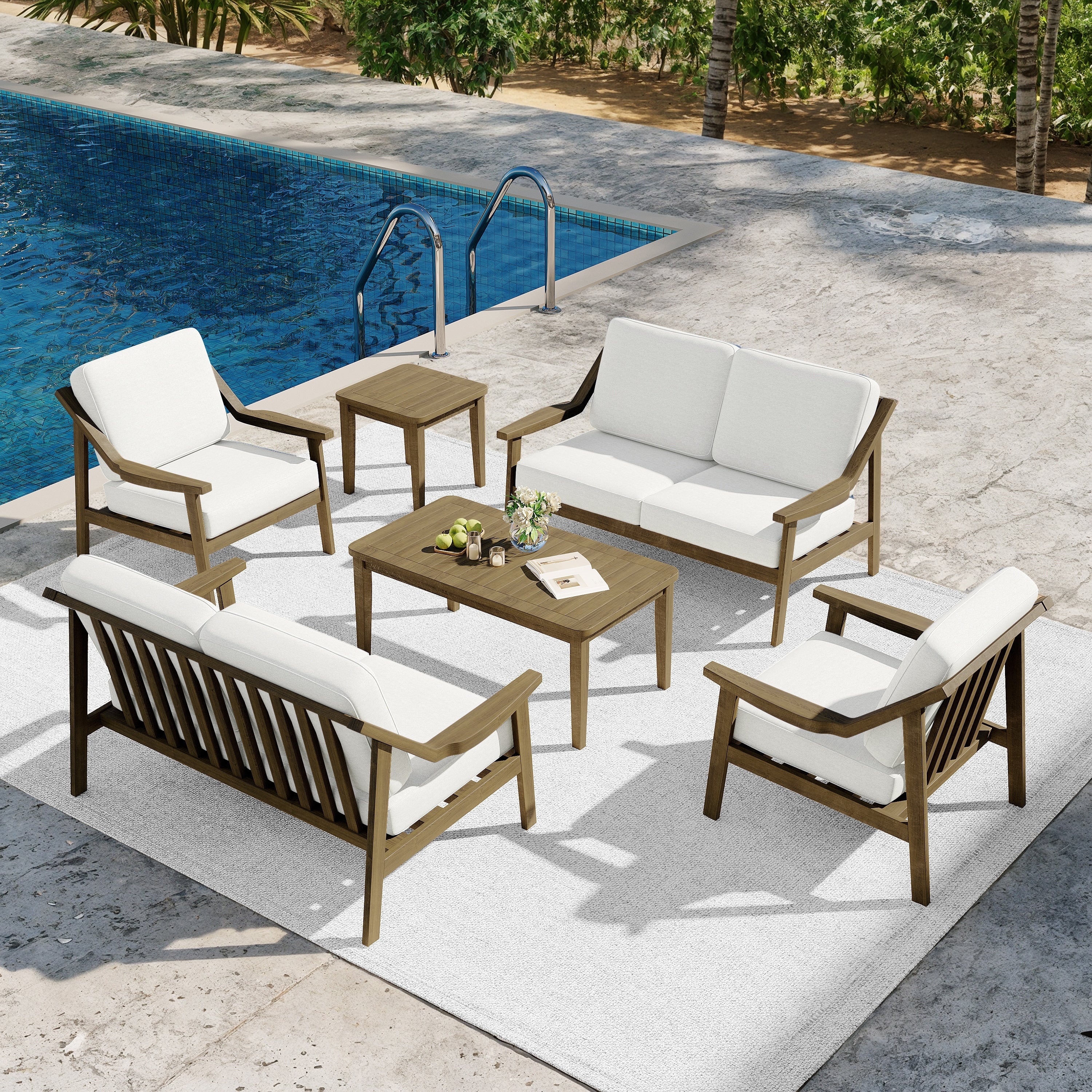 6 Piece Adirondack Teak Patio Armchairs Loveseat Seating Conversation Set