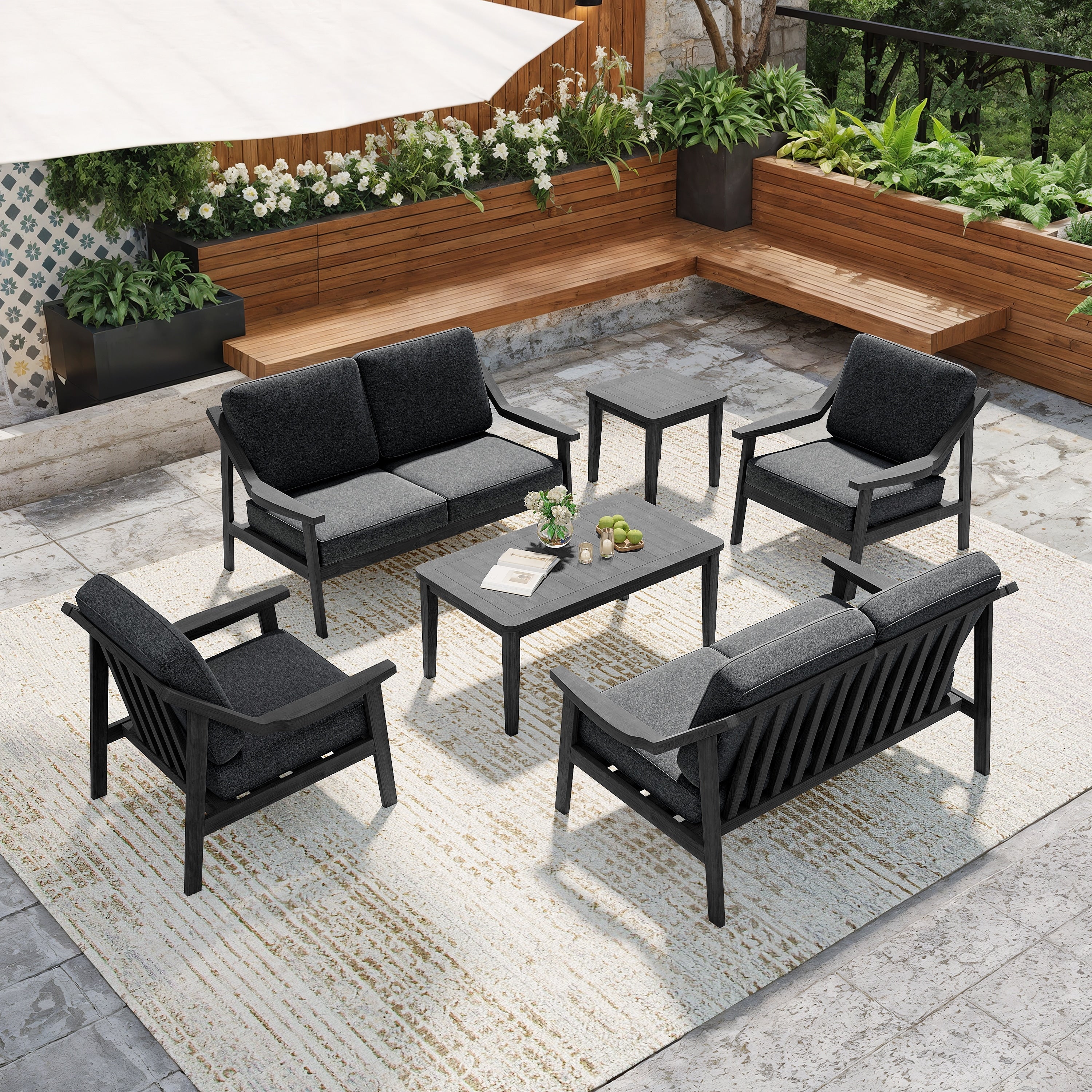 6 Piece Wood Patio Chat Set Teak Conversation Set With Cushion