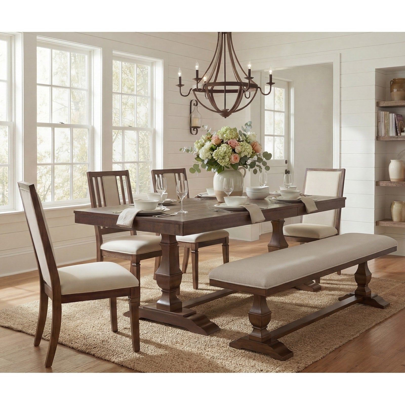 6 Pieces Farmhouse Dining Table For 6 74.8 Kitchen Table Set With 4 Chairs And Bench Solid Wood Legs And Cushion Seat
