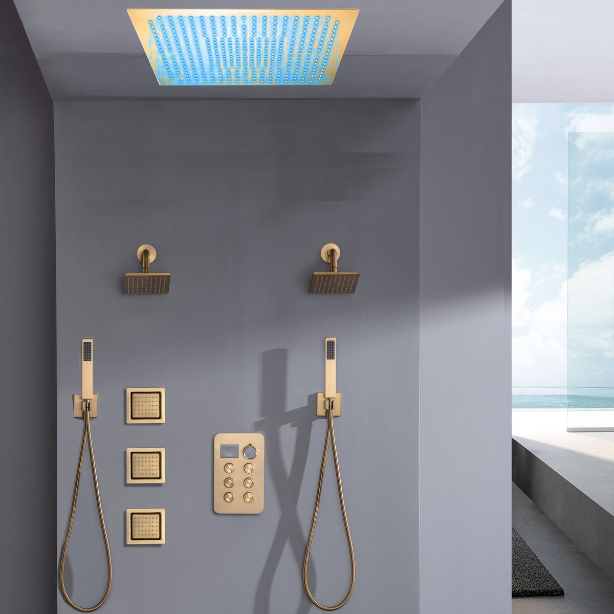 6 Way Digital Display Shower Faucet With Dual 6 Regular Head And Body Jets And Flush Mount Top Head 76 X 109