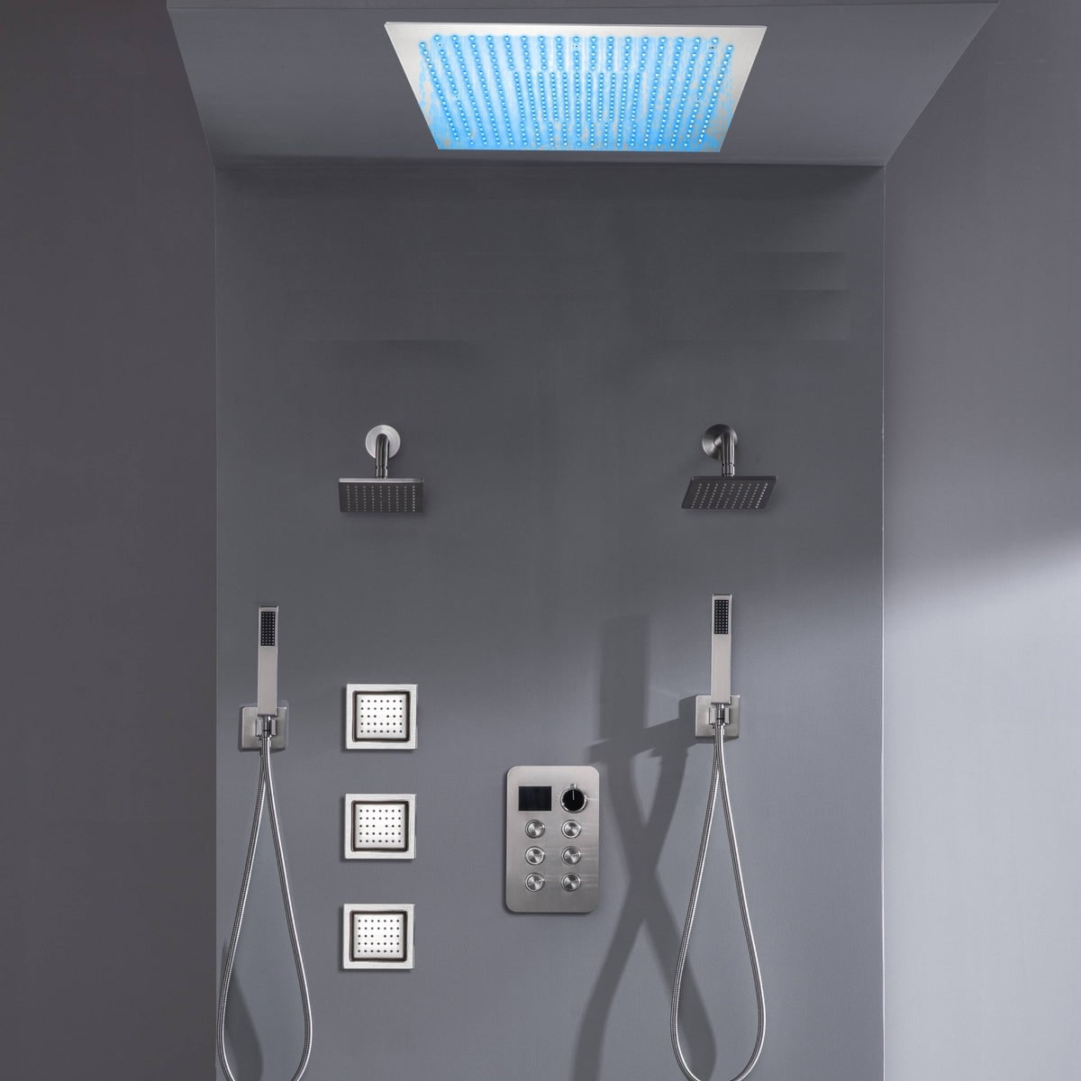 6 Way Digital Display Shower Faucet With Dual 6 Regular Head And Body Jets And Flush Mount Top Head 76 X 109