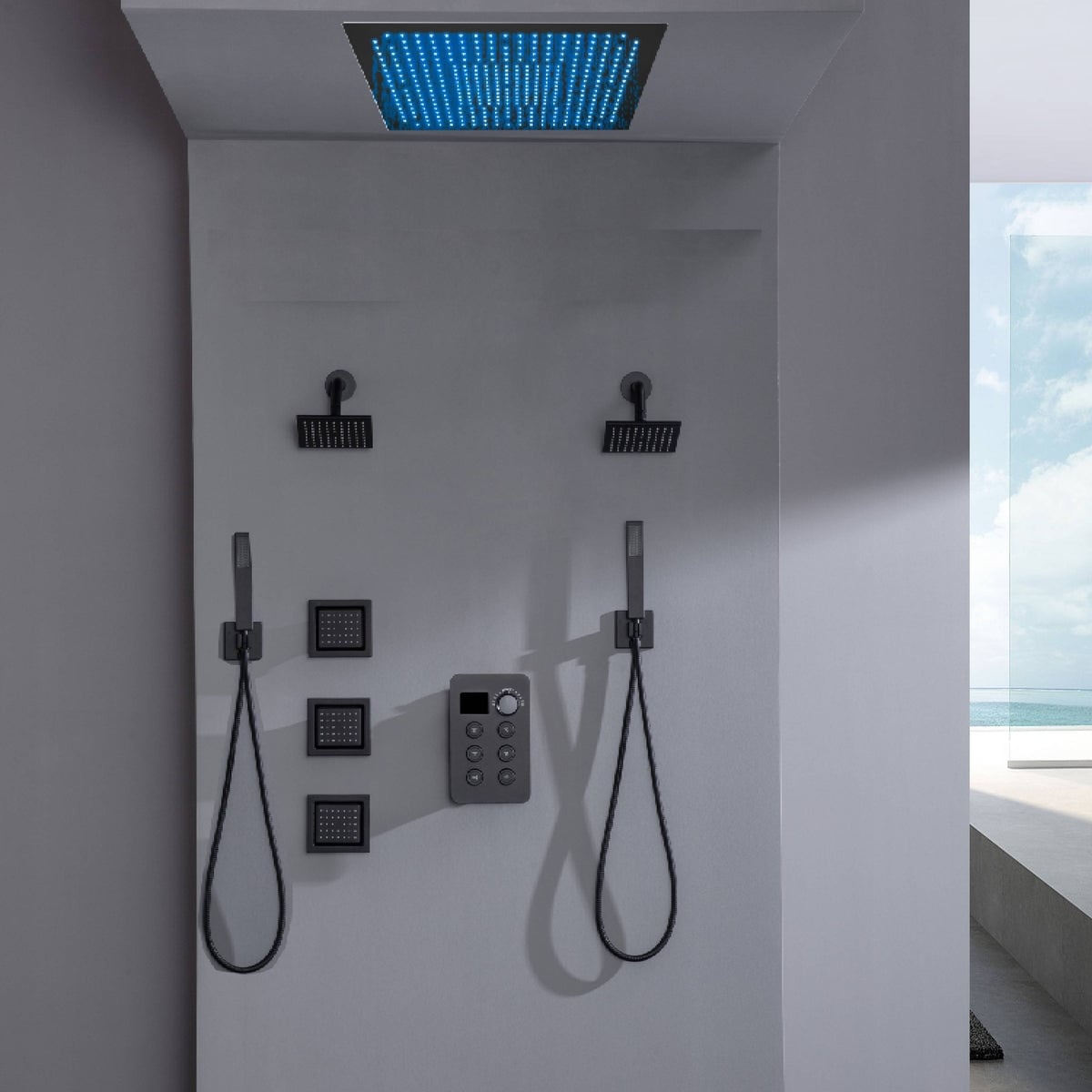 6 Way Digital Display Shower Faucet With Dual 6 Regular Head And Body Jets And Flush Mount Top Head 76 X 109