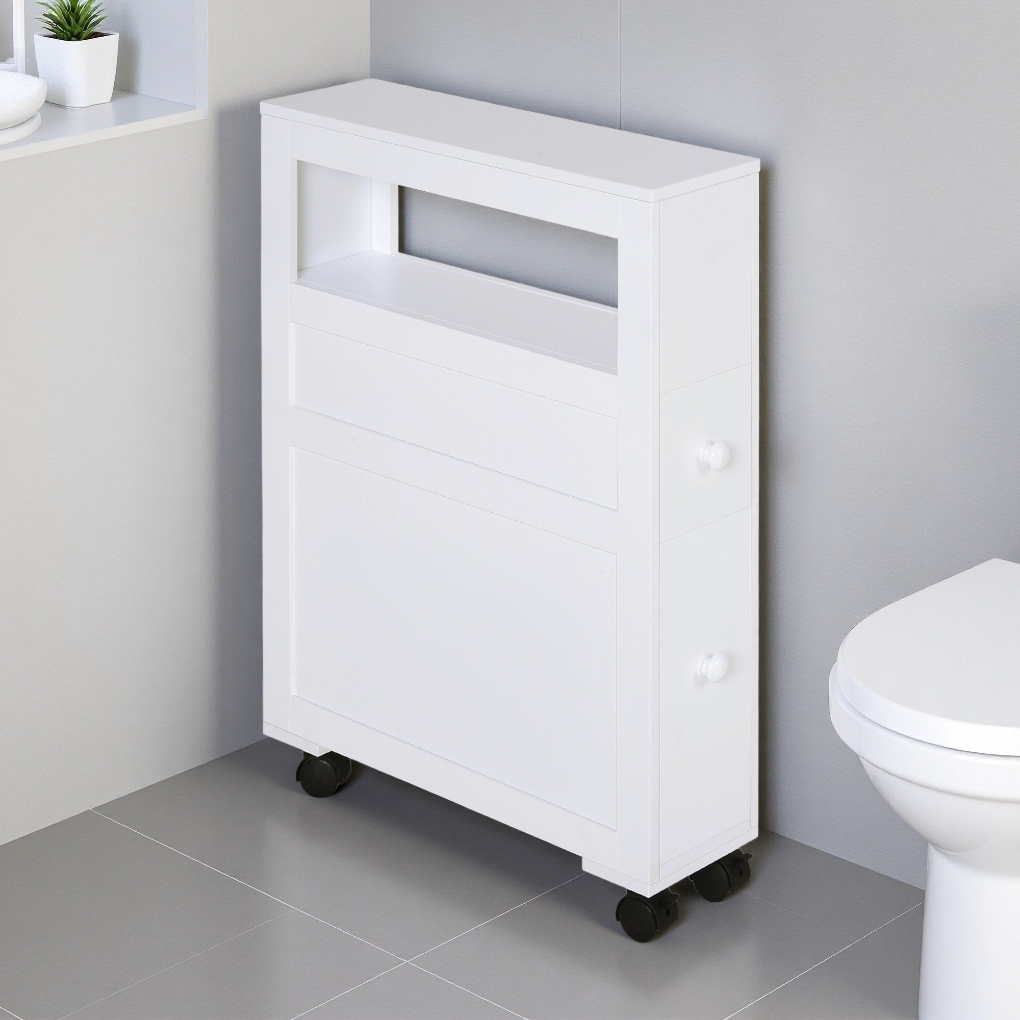 6.25 X 20.5 X 28.25 Wood Rolling Narrow Bathroom Side Storage Cabinet