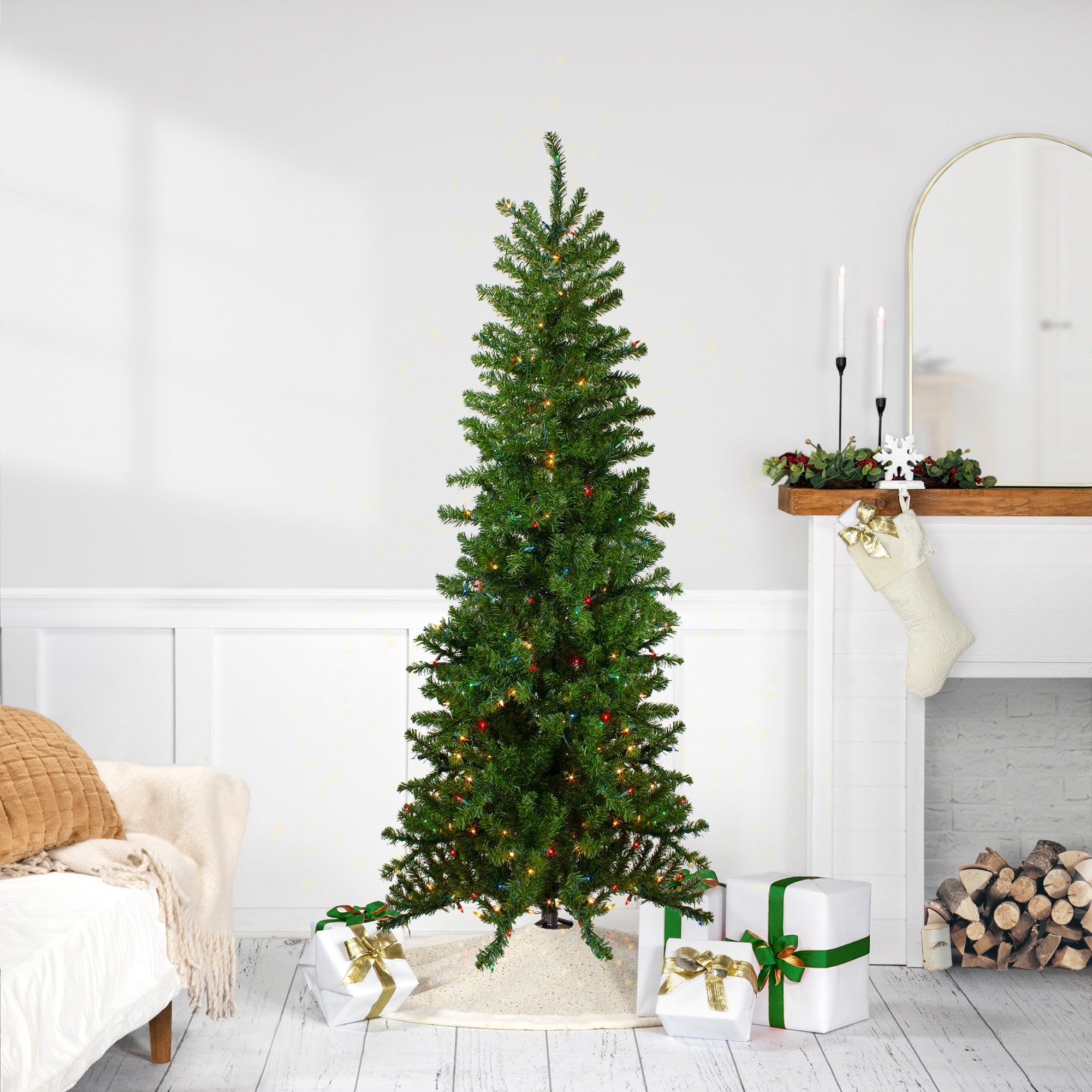 6.5 Canadian Pine Artificial Pencil Christmas Tree Multi Lights 6.5 Foot
