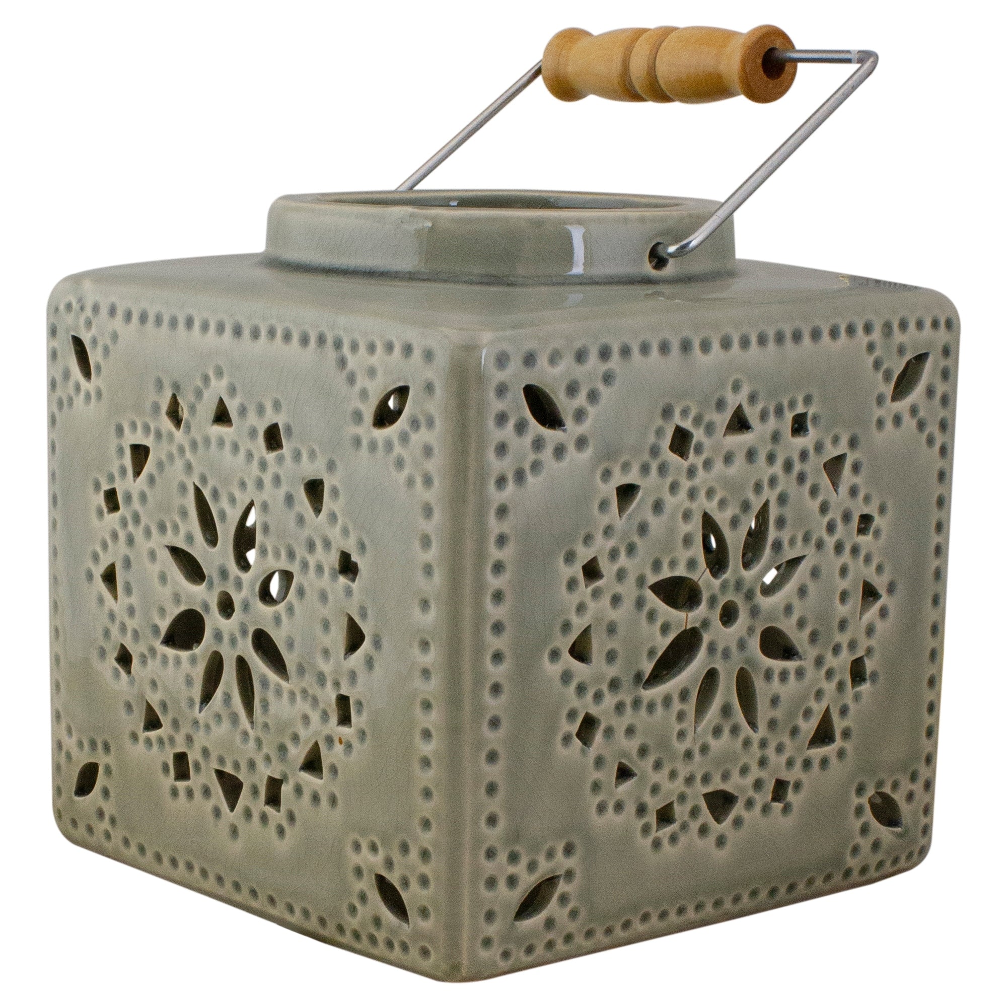 6.75 Light Olive Green Square Crackle Finish Mosaic Cut Out Lantern