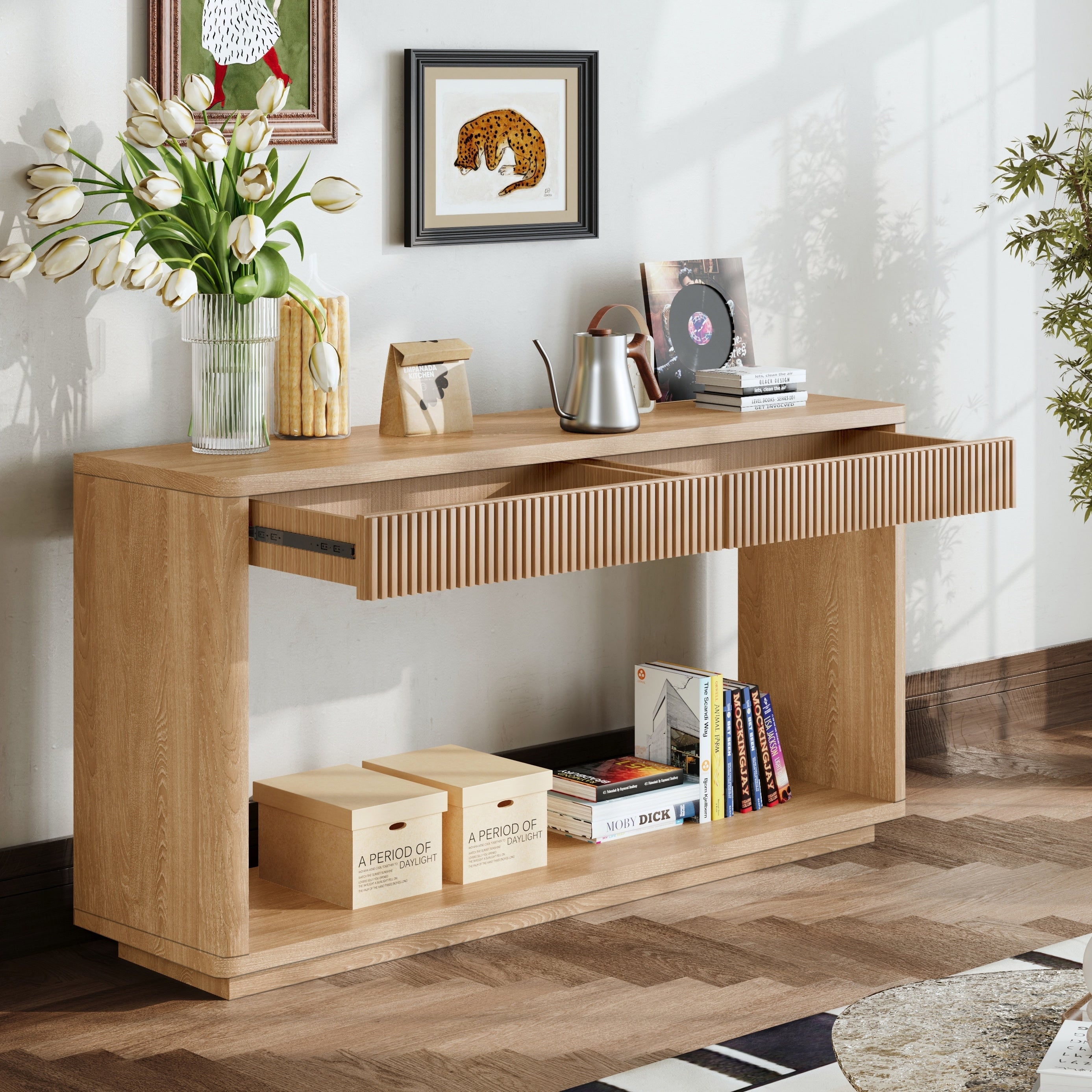 60 Inch Modern Console Table Fluted With 2 Drawers Wood Veneer Natural