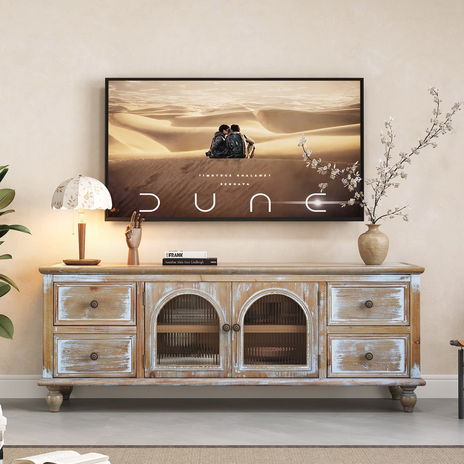 60 Inch Rustic Farmhouse Tv Stand With Storage Drawers And Glass Doors