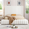 60 In.H Beige Wood Frame Queen Size Panel Bed With Velvet Upholstery Material And Bed Frame Mounted