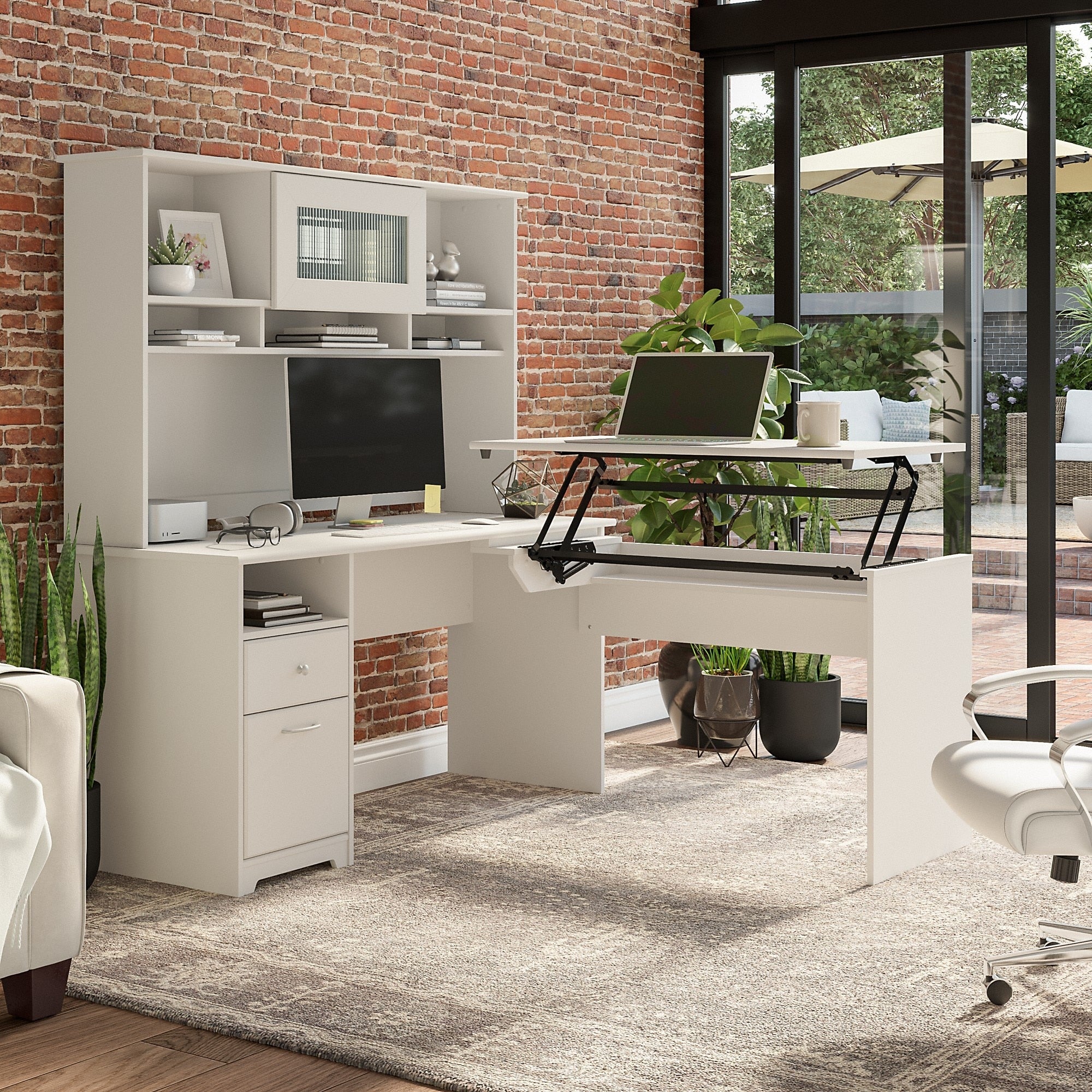 Porch Den Hale 60W 3 Position L Shaped Sit To Stand Desk With Hutch In Harvest Cherry