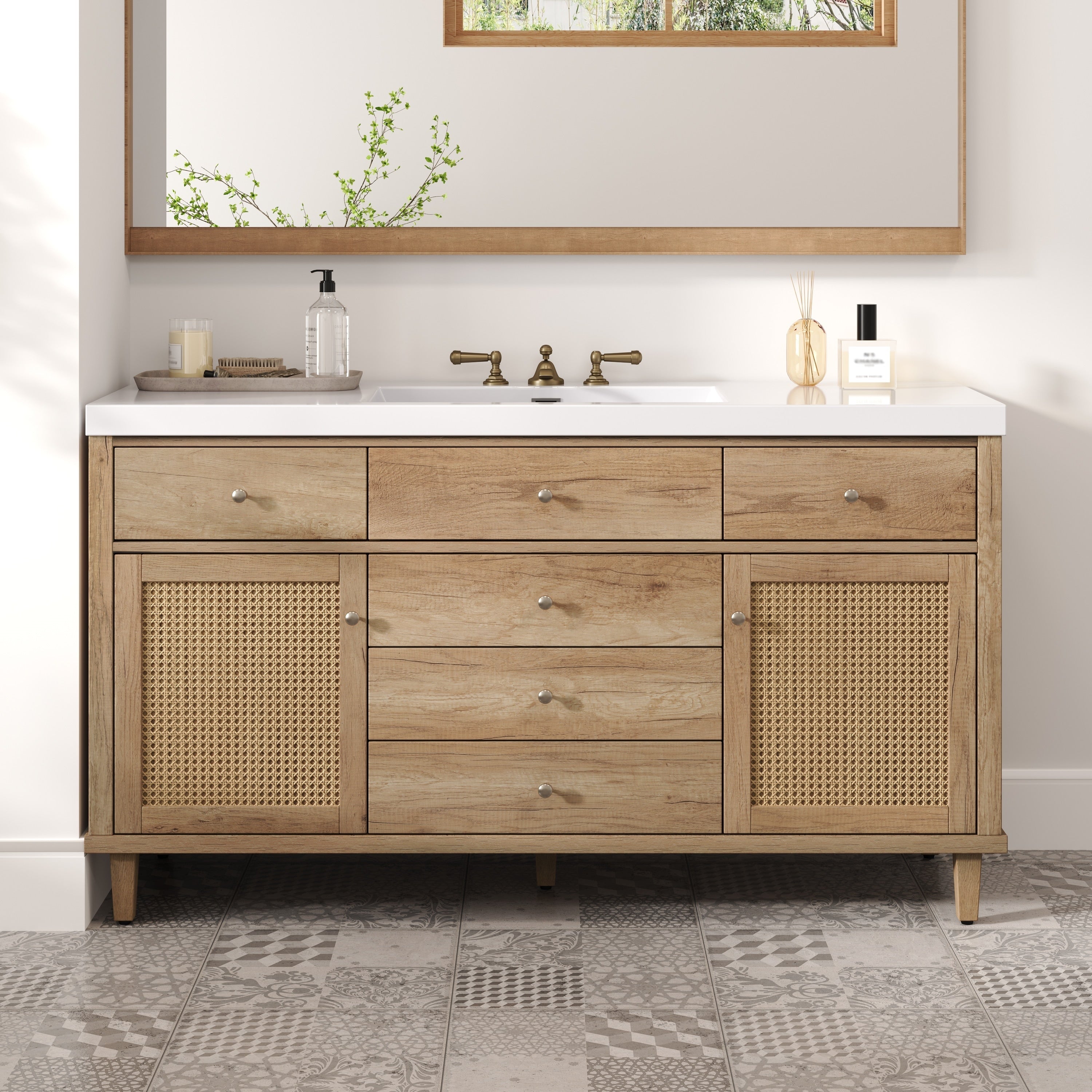 60 Bathroom Vanity With Smc Sink Large Storage Bathroom Storage Cabinet With Soft Close Drawers And Rattan Doors 5 Pine Legs