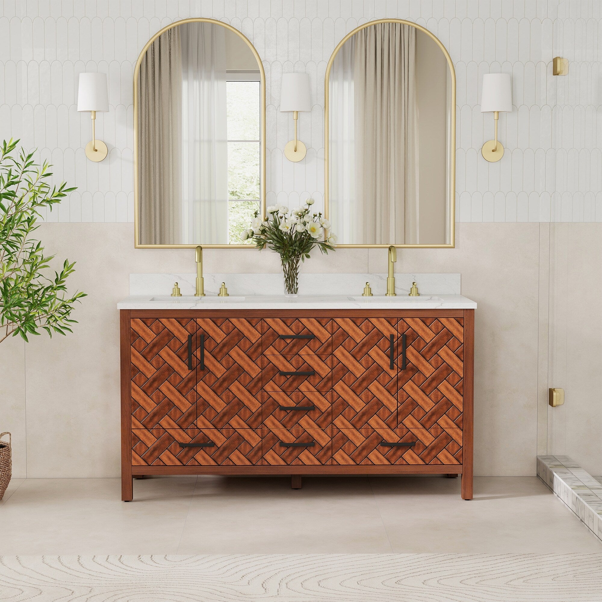 60 Freestanding Bathroom Vanity With Engineered Stone Top Ceramic Double Sink Built In Power Outlet And Hair Dryer Storage