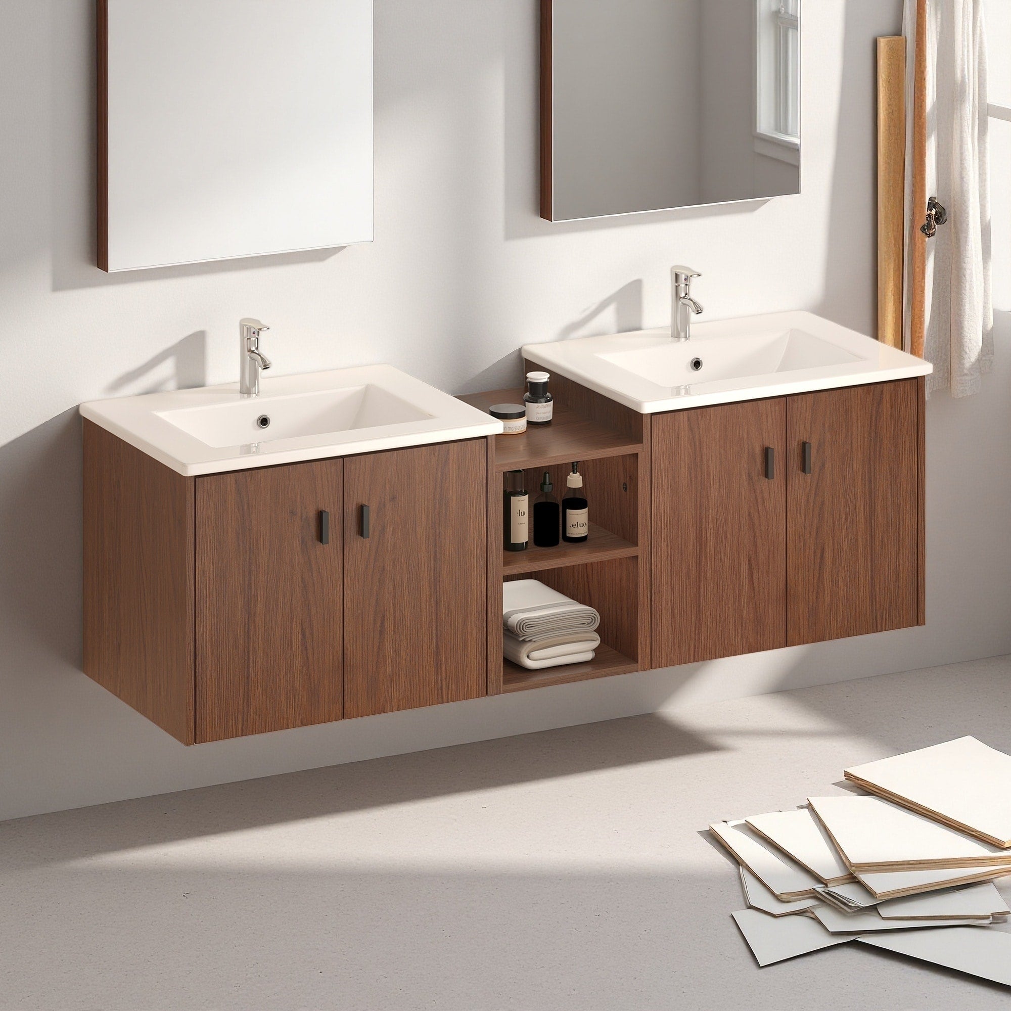 60 Mdf Water Resistant Freestanding Bathroom Vanity Combo With Soft Close Doors And Small Storage Shelves
