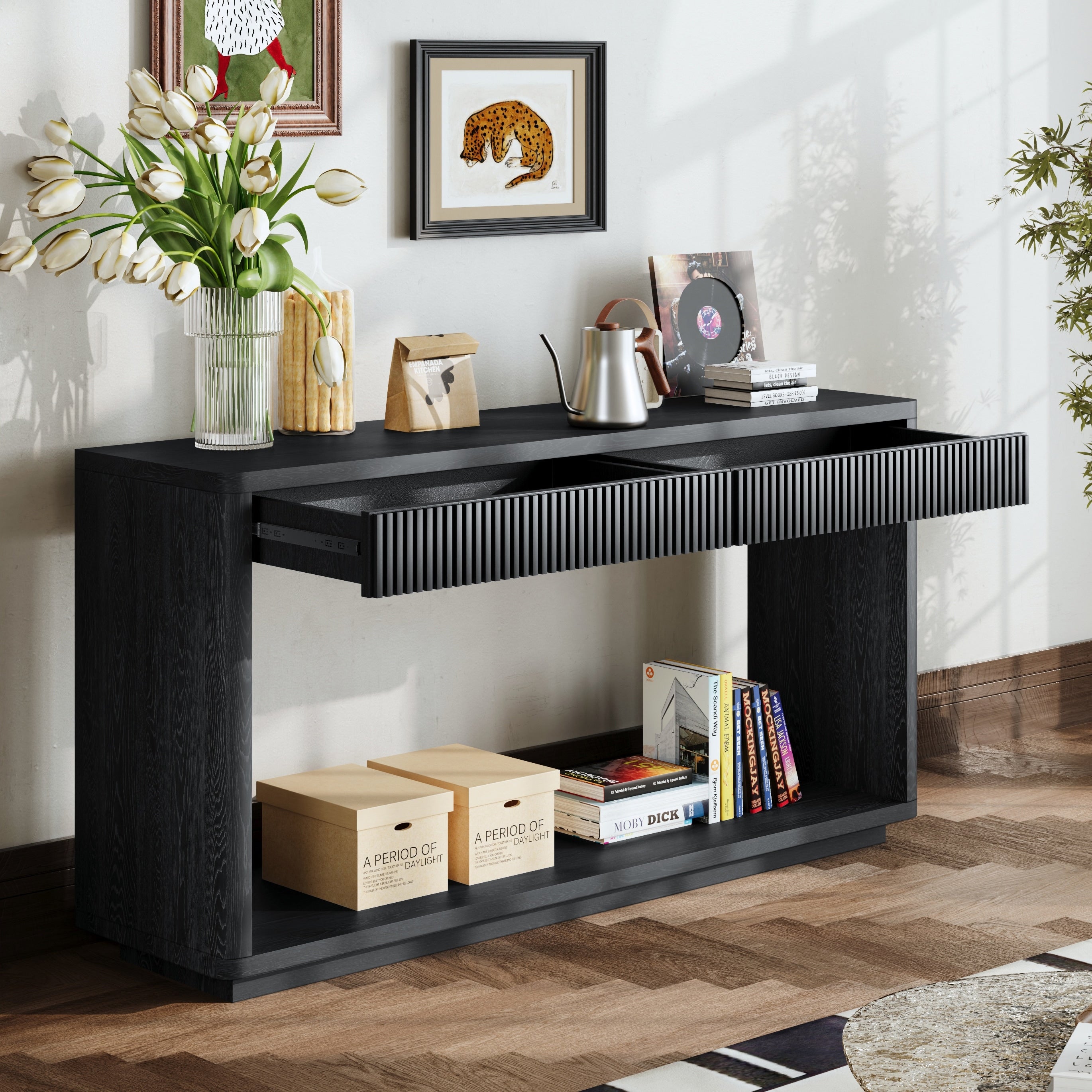 60 Modern 2 Drawer Fluted Natural Wood Veneer Console Table