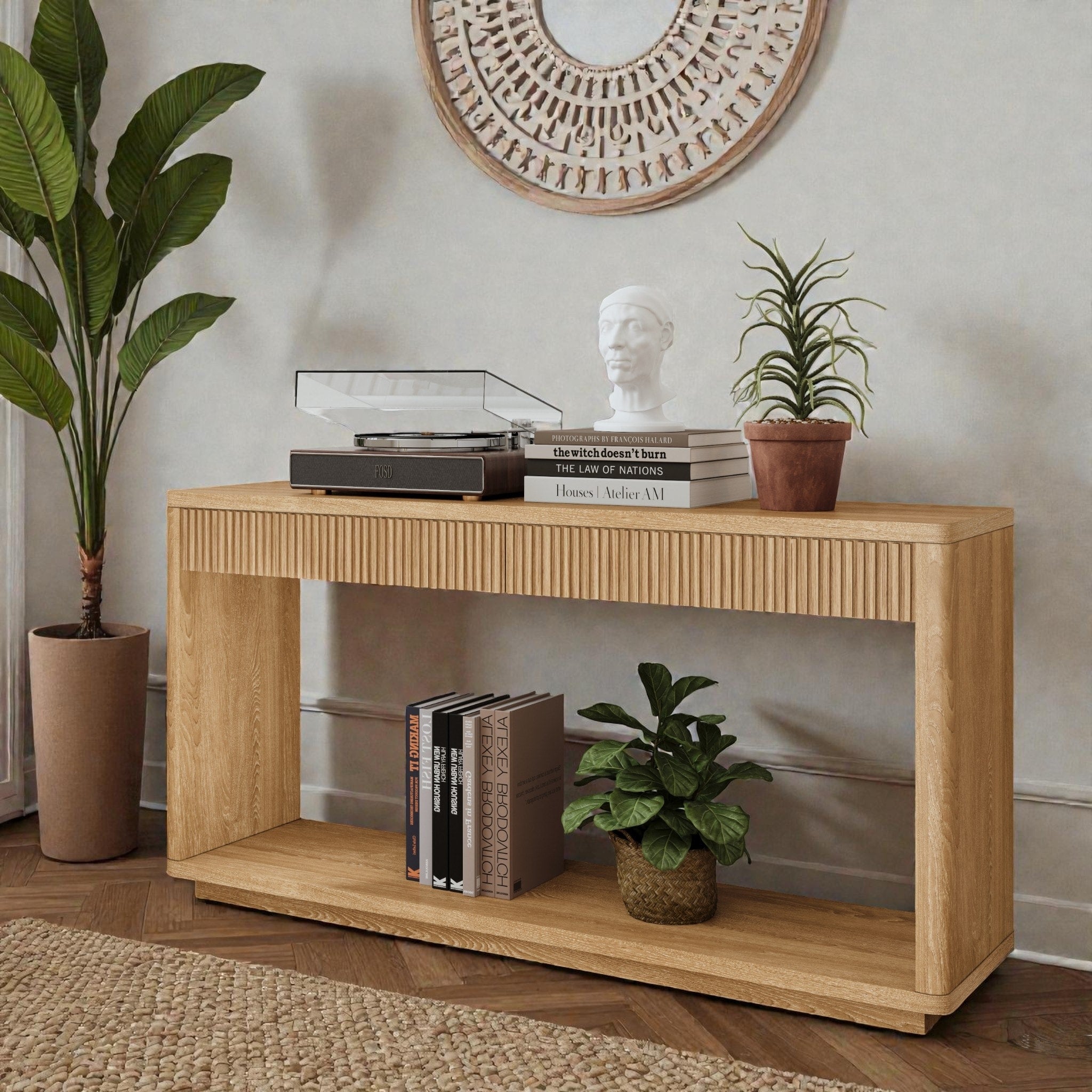 60 Modern Fluted Console Table With 2 Drawers Natural Wood Veneer Sofa Table For Living Room Hallway Entryway