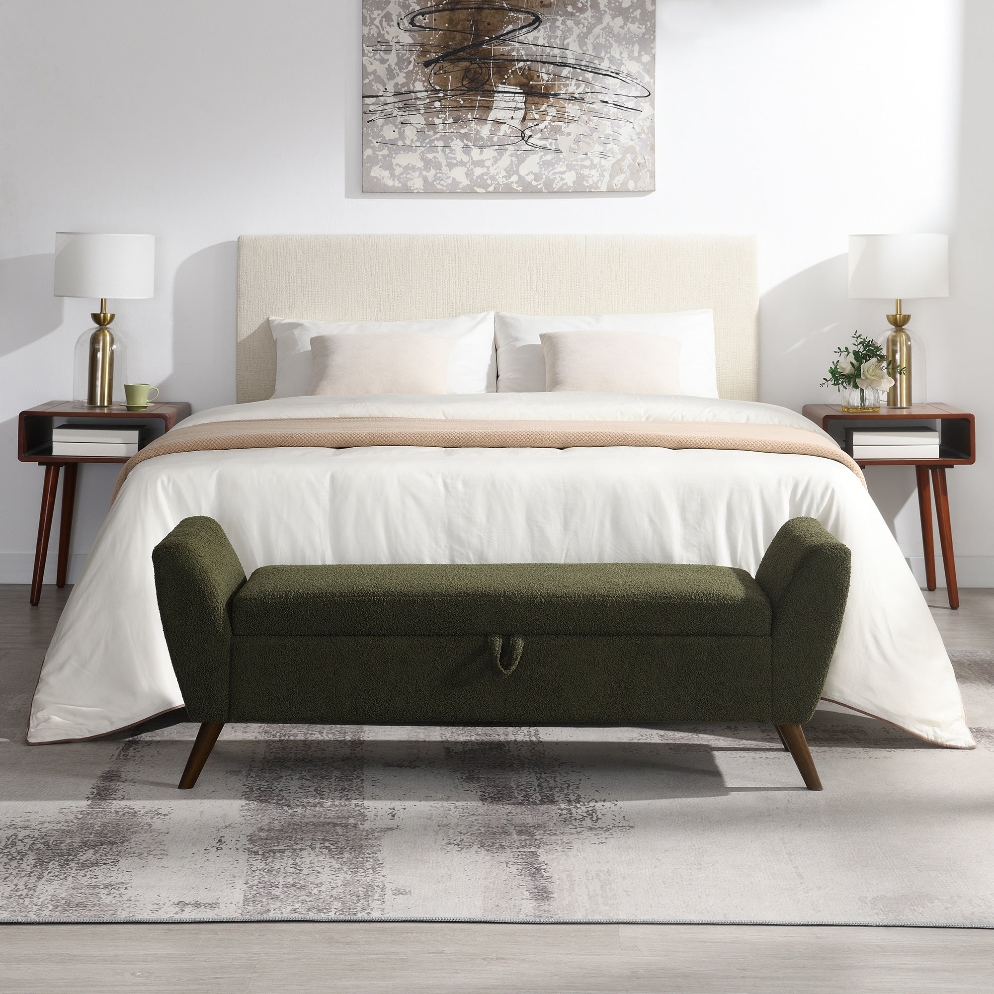 60 Modern Storage Bench With Mid Century Wood Legs And Padded Seat