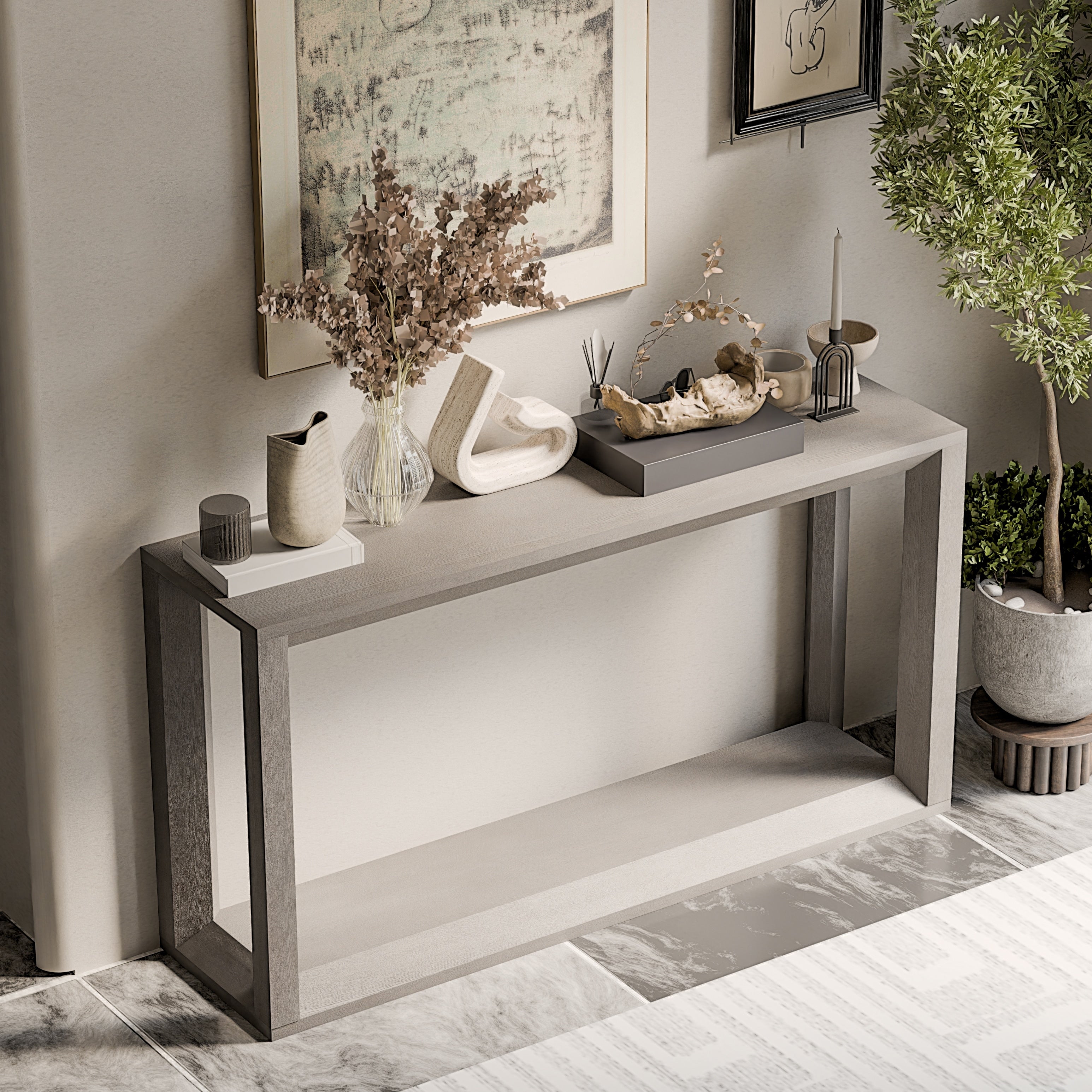 60 Rectangular Wood Veneer Console Table With Ample Storage For Entryway Living Room