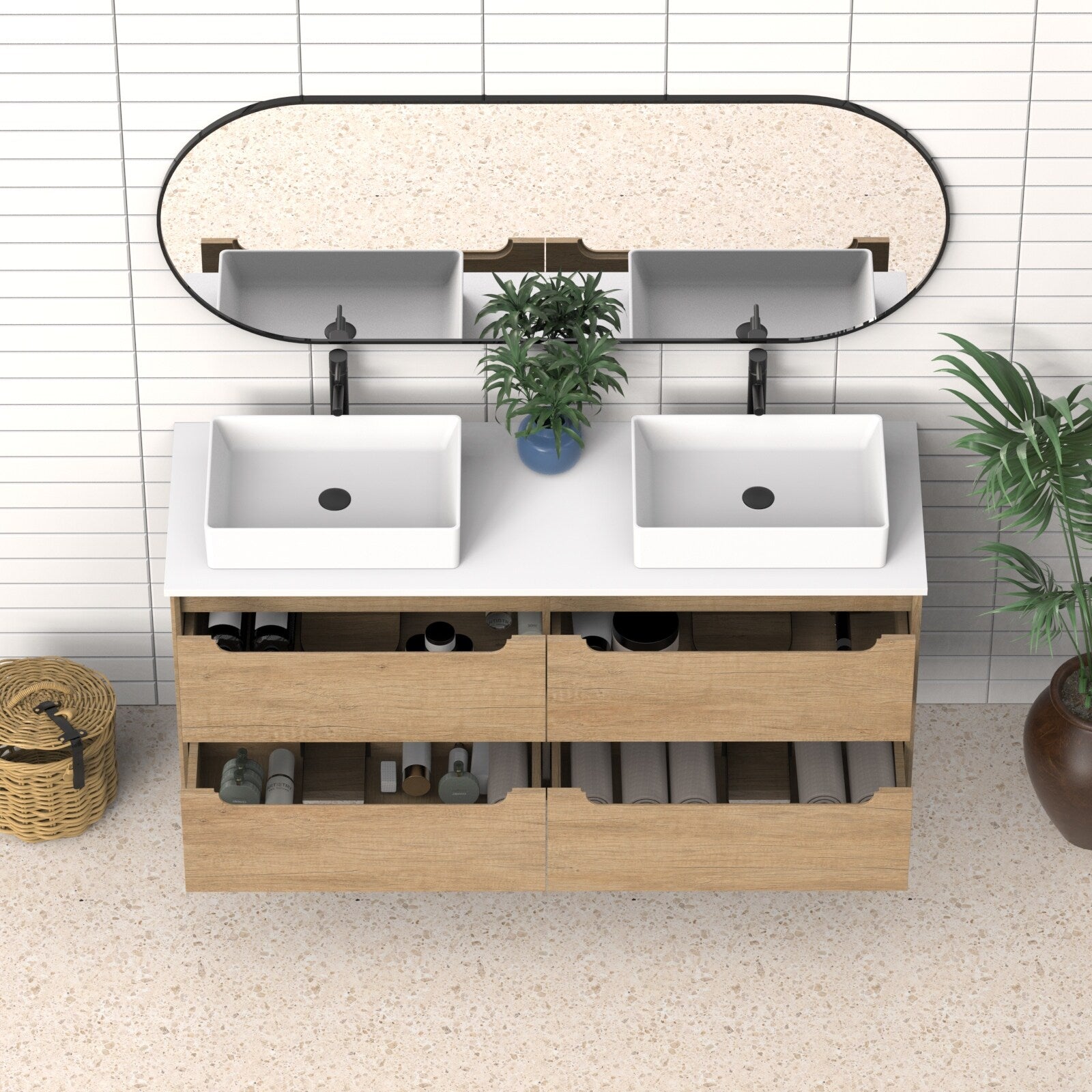 60 Solid Wood Bathroom Vanity With White Quartz Countertop Ceramic Vessel Sink