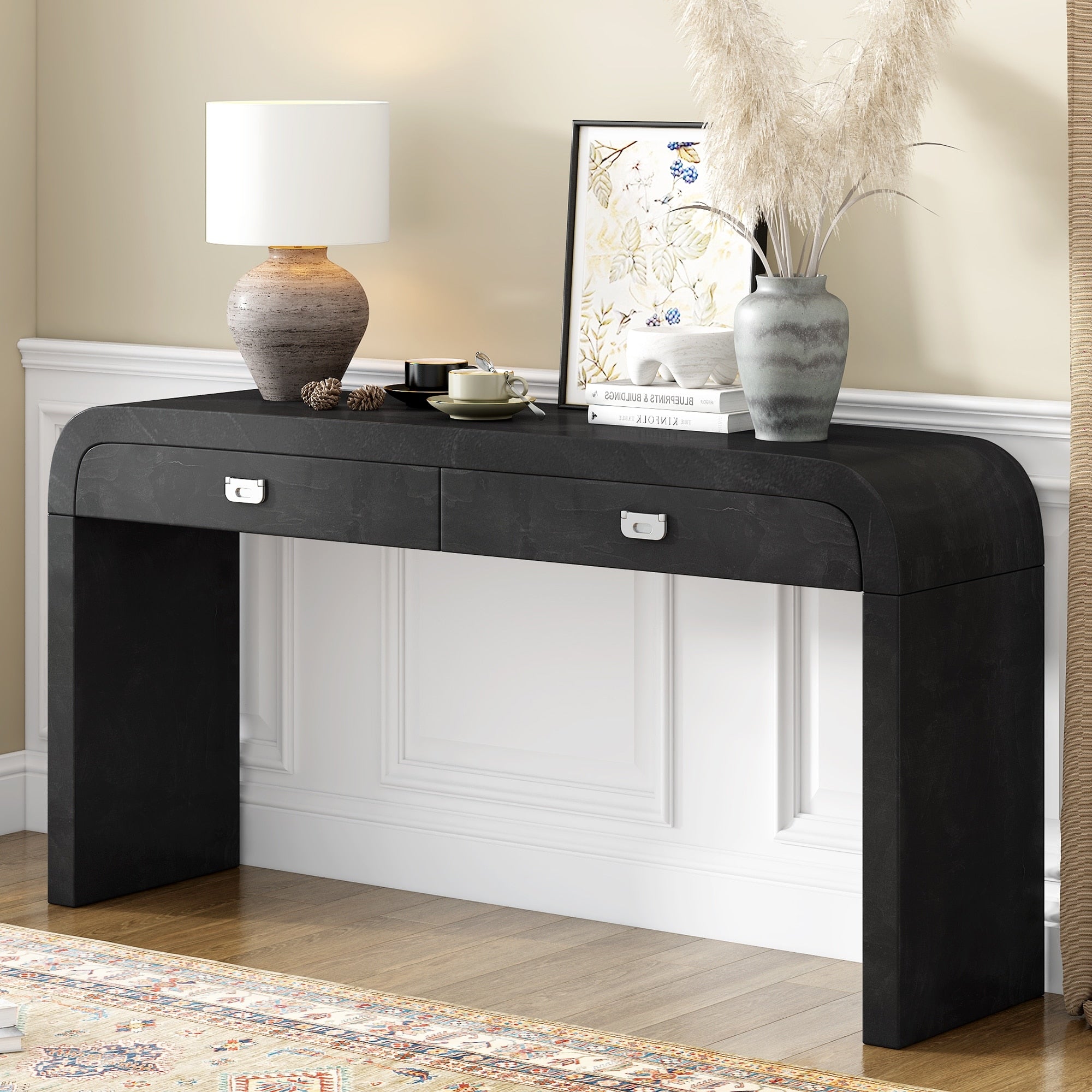 60 Wooden Entryway Table With Burl Veneer Console Table With 2 Large Drawers And Metal Handles With 2 Sturdy Legs