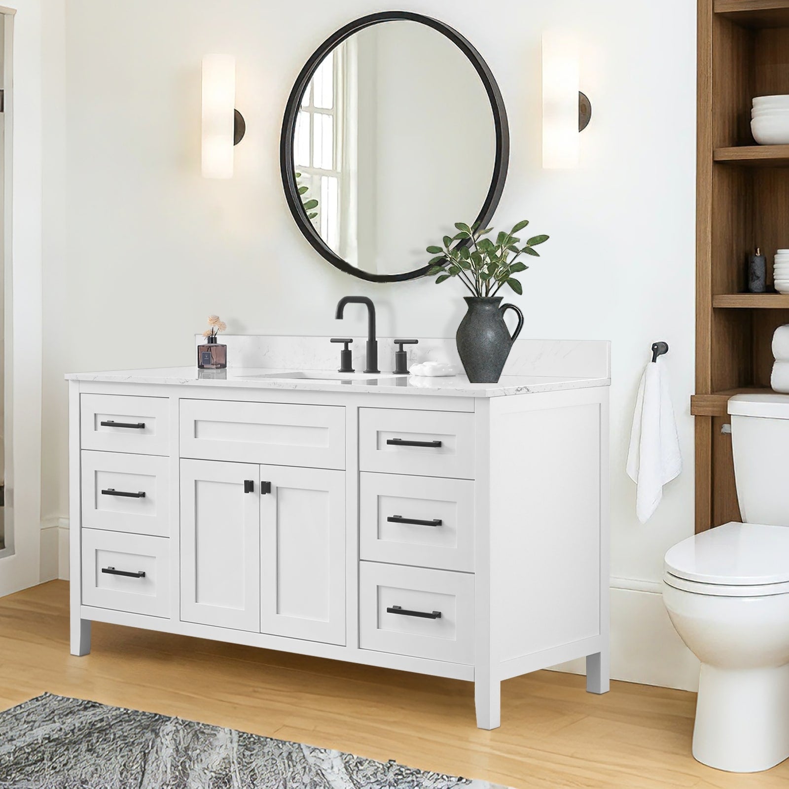 60 Inch Freestanding Bathroom Vanity With Classical White Quartz Counter Top Ceramic Rectangular Sink