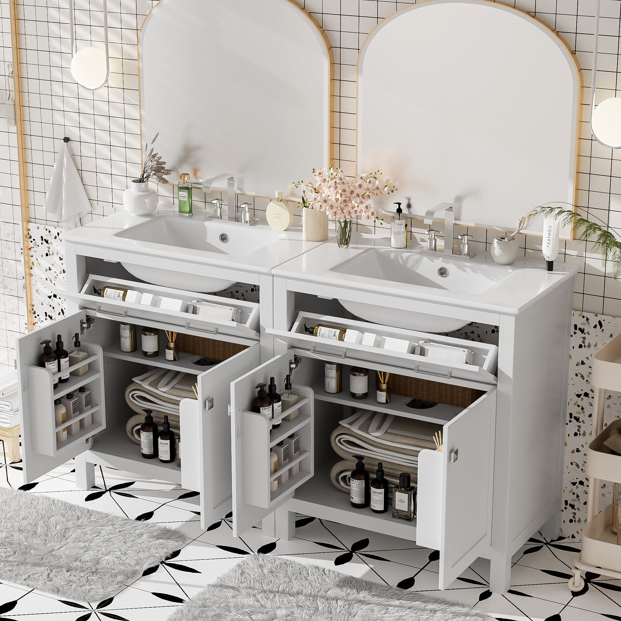 60 Bathroom Vanity Set With Double Vanities Separate Double Ceramic Sinks Adjustable Shelf Soft Close Doors And Flip Drawer