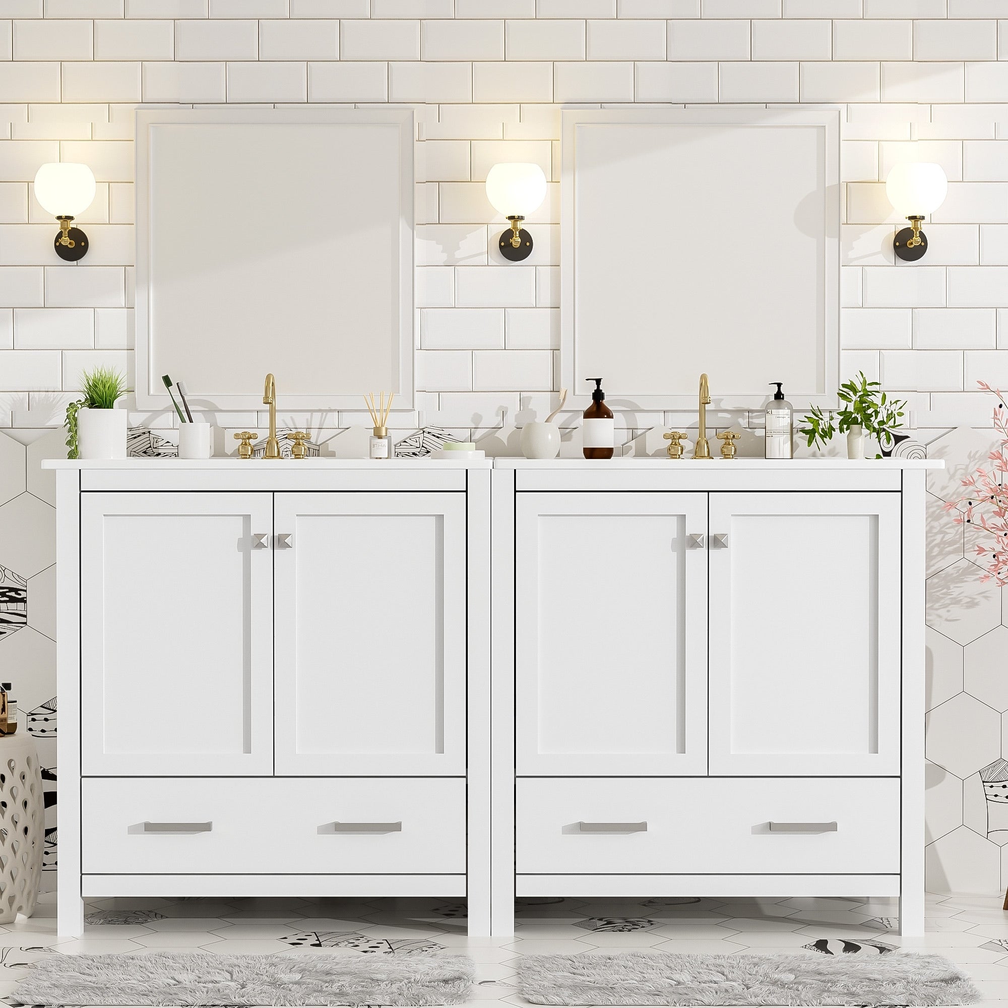 60 Bathroom Vanity Set With Double Vanities Separate Double Ceramic Sinks Storage Shelf And Divided Drawers