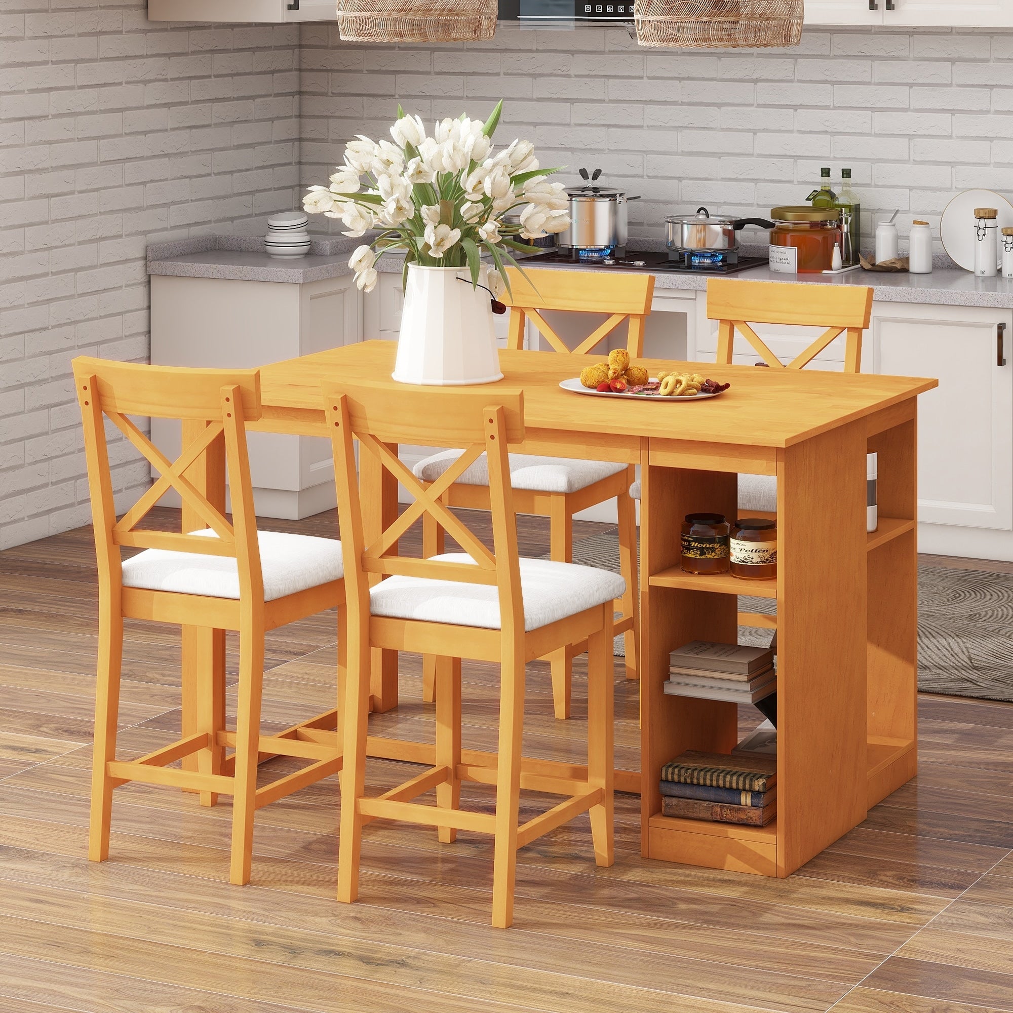 60 Lx30 W Wood Farmhouse Counter Height Dining Table Set With 3 Tier Storage Shelves Upholstered Dining Chairs For 4 5 Piece