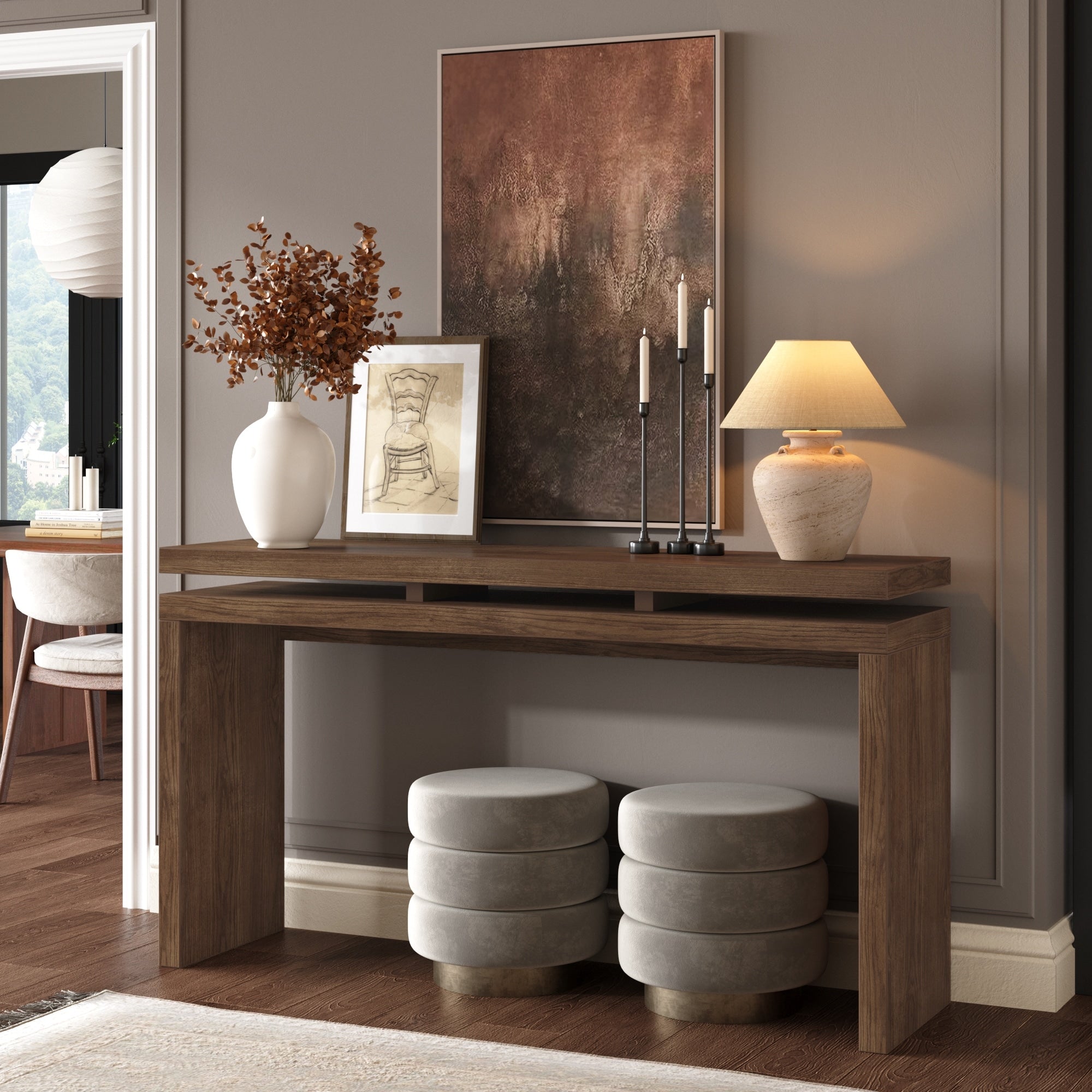 60 Antique Brown Farmhouse Console Table Retro Wooden Entryway Table With Double Board Suspension Design