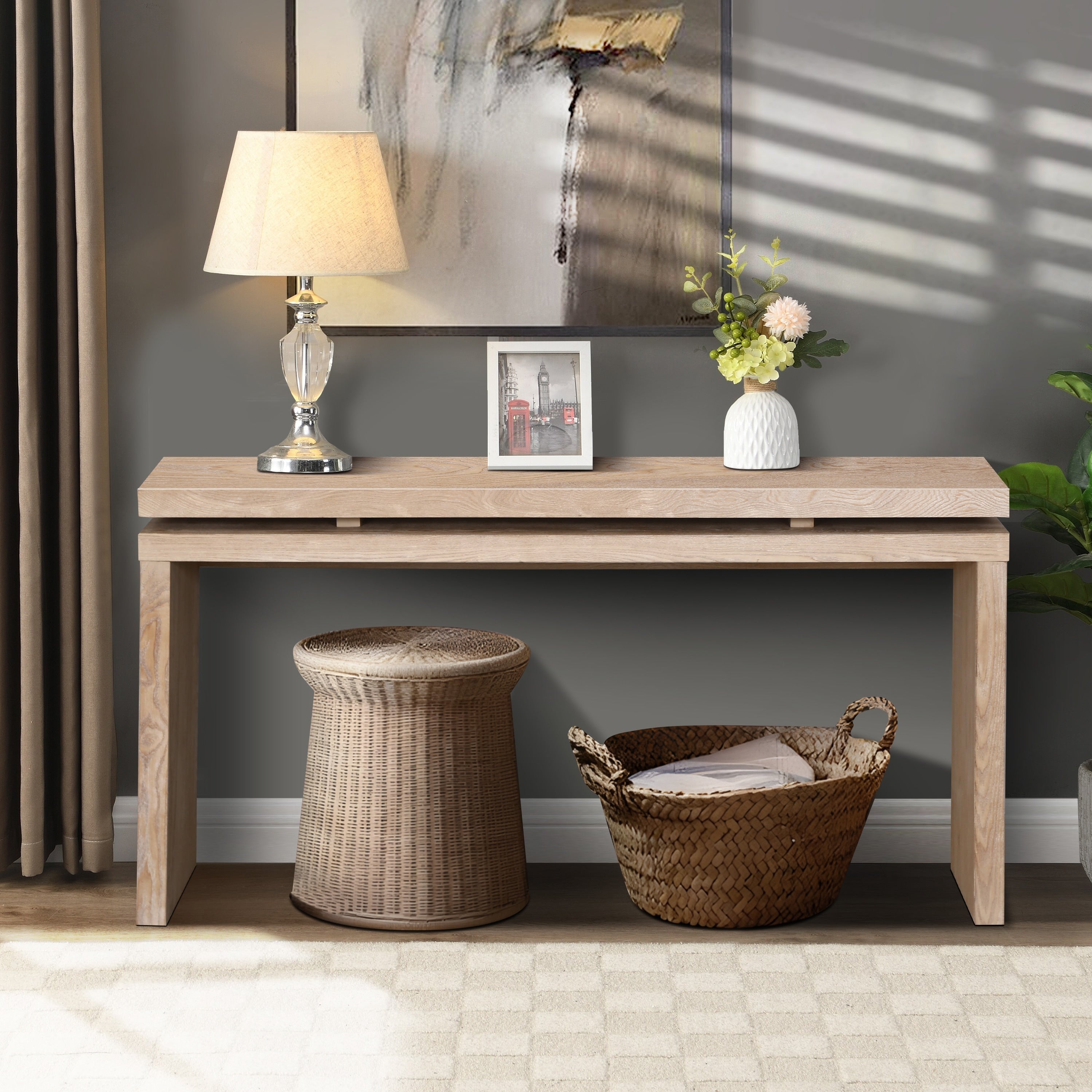 60 Farmhouse Console Table Retro Wooden Entryway Table With Double Board Suspension Design