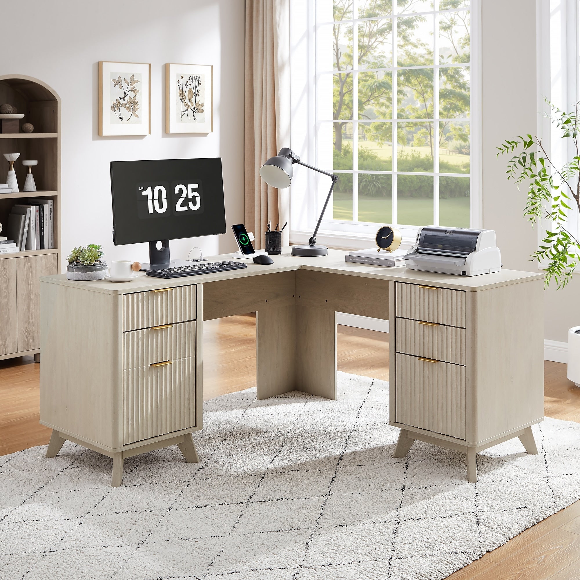 60 Modern Fluted L Shaped Desk Charging Station And File Drawer