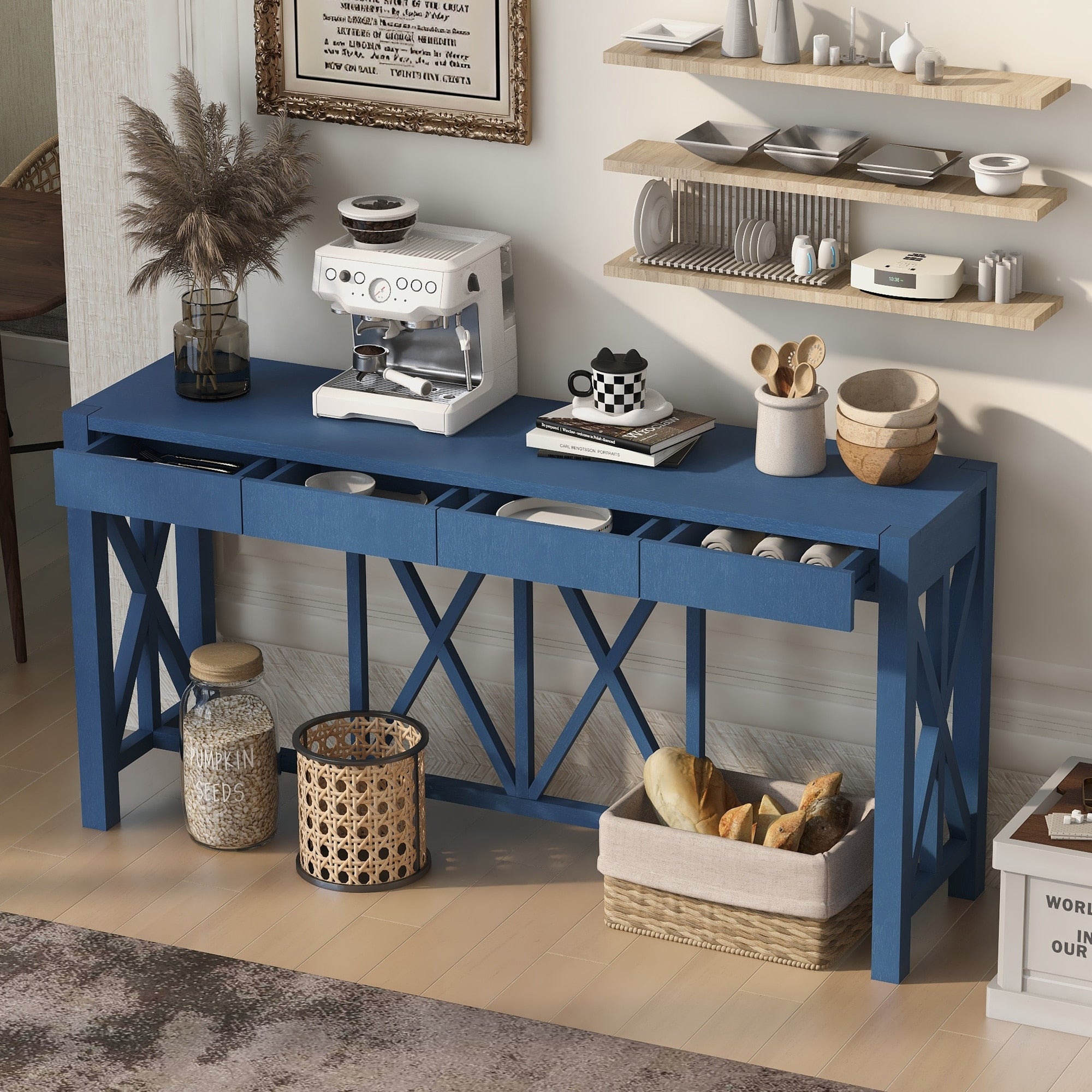 60Acacia Veneer Console Table With 4 Spacious Drawers And Open Bottom Storage