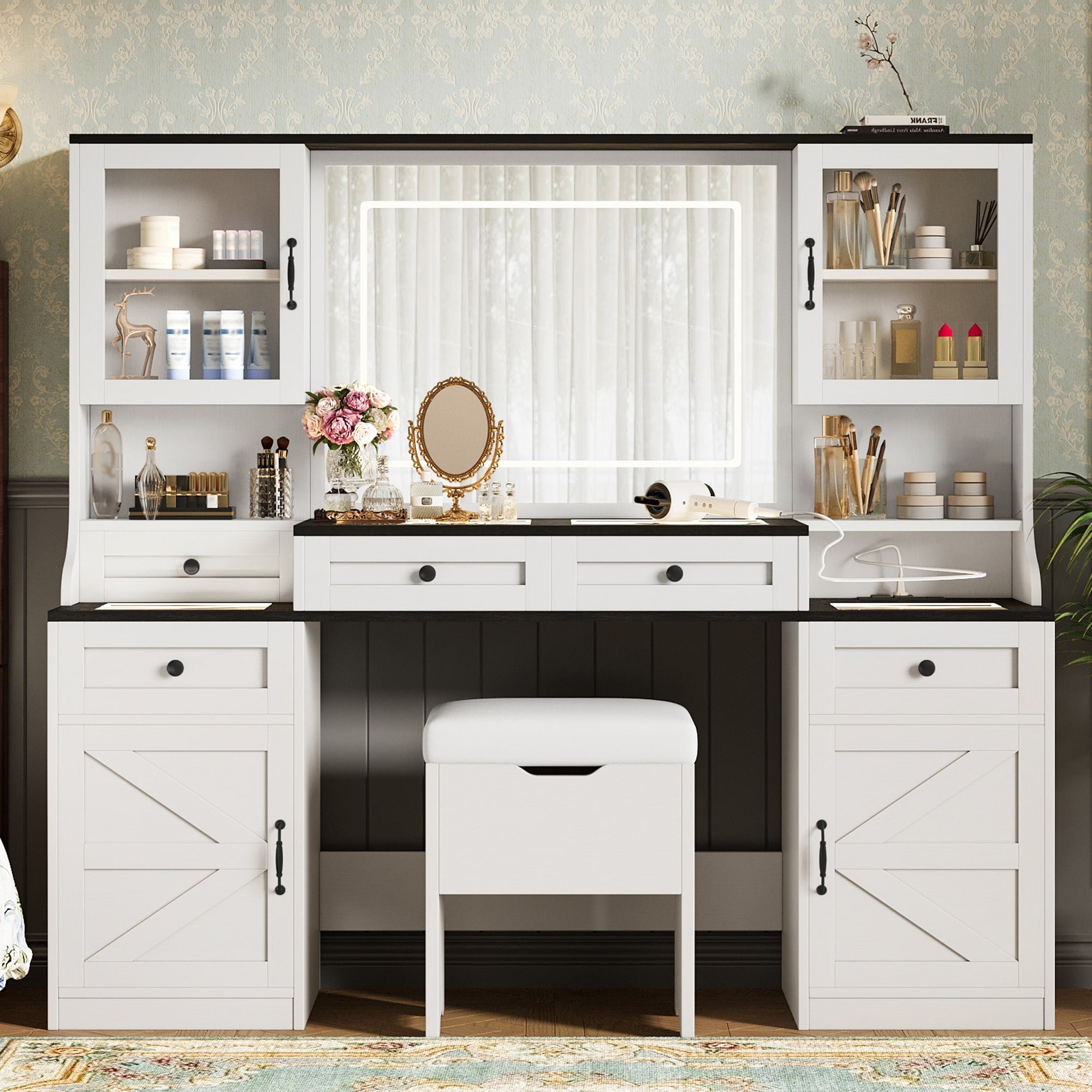 61.5 Farmhouse Vanity Desk With Mirror And Led Lights Makeup Vanity Table Set With Glass Visual Desktop And Cushion Stool