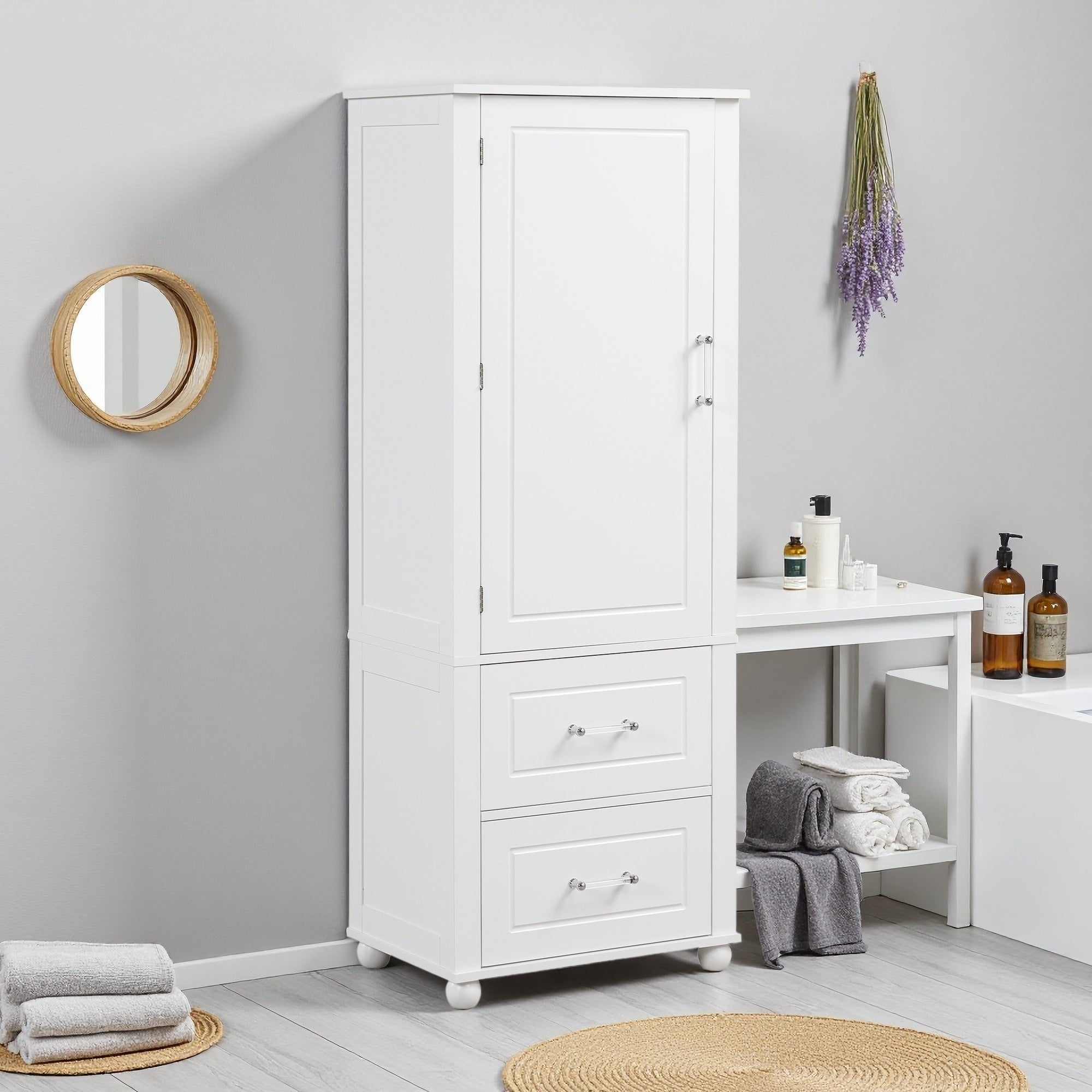 61 Tall Bathroom Storage Cabinet Freestanding Storage Cabinet With Two Drawers And Adjustable Shelf Mdf Board